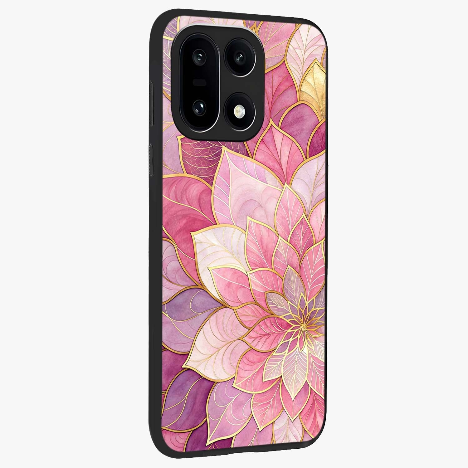 Blush Luxe Bloom Glass Case for 1+15 side perspective highlighting elegant floral textures and sleek edges