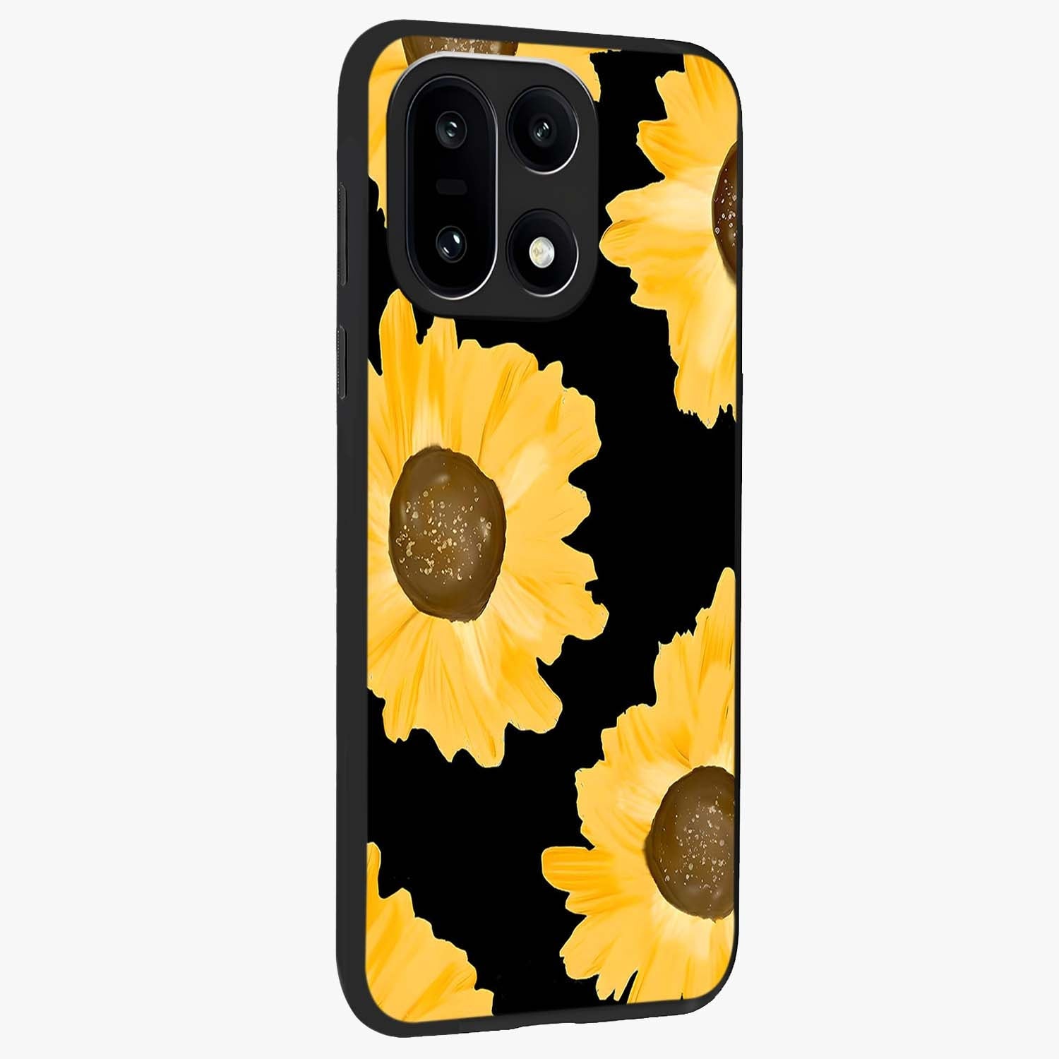Bold Sunflowers Glow Glass Case for 1+15 side perspective highlighting rich yellow hues and premium edge finish