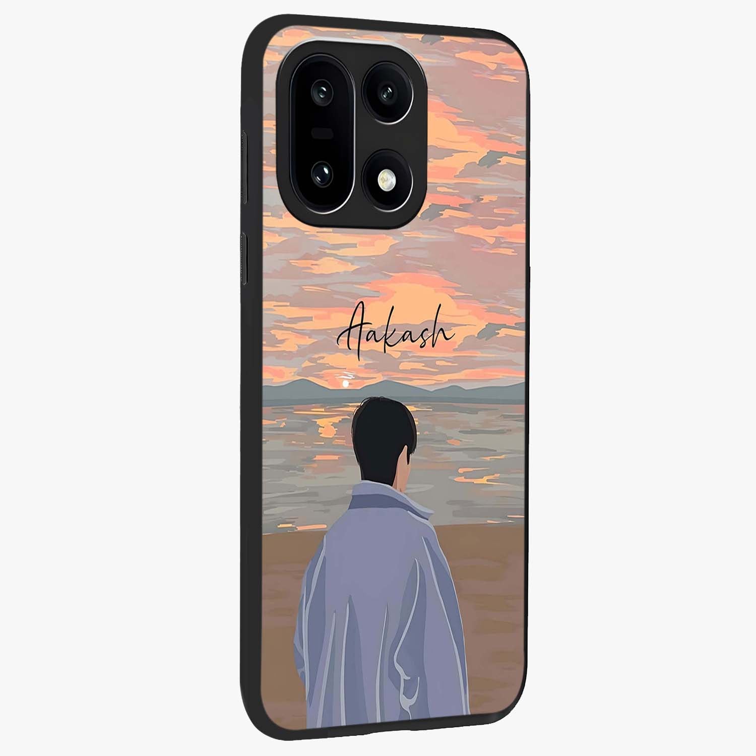 Boy Facing Sunset Beach Glass Case for 1+15 side perspective highlighting calming sunset gradients and smooth edges