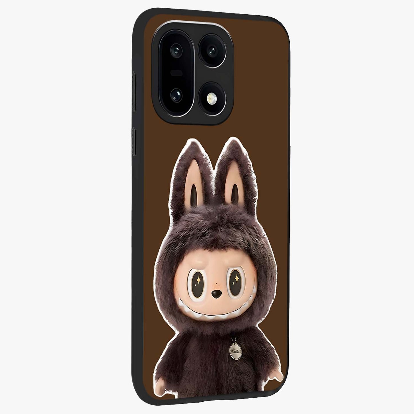 Brown Labubu Design Glass Case for 1+15 side perspective highlighting charming character detailing and smooth edges