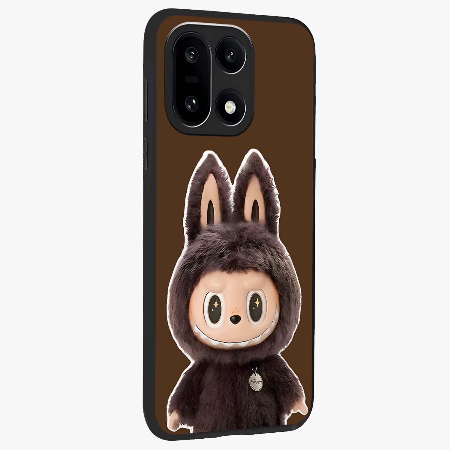 Brown Labubu Design Glass Case for 1+15 side perspective highlighting charming character detailing and smooth edges