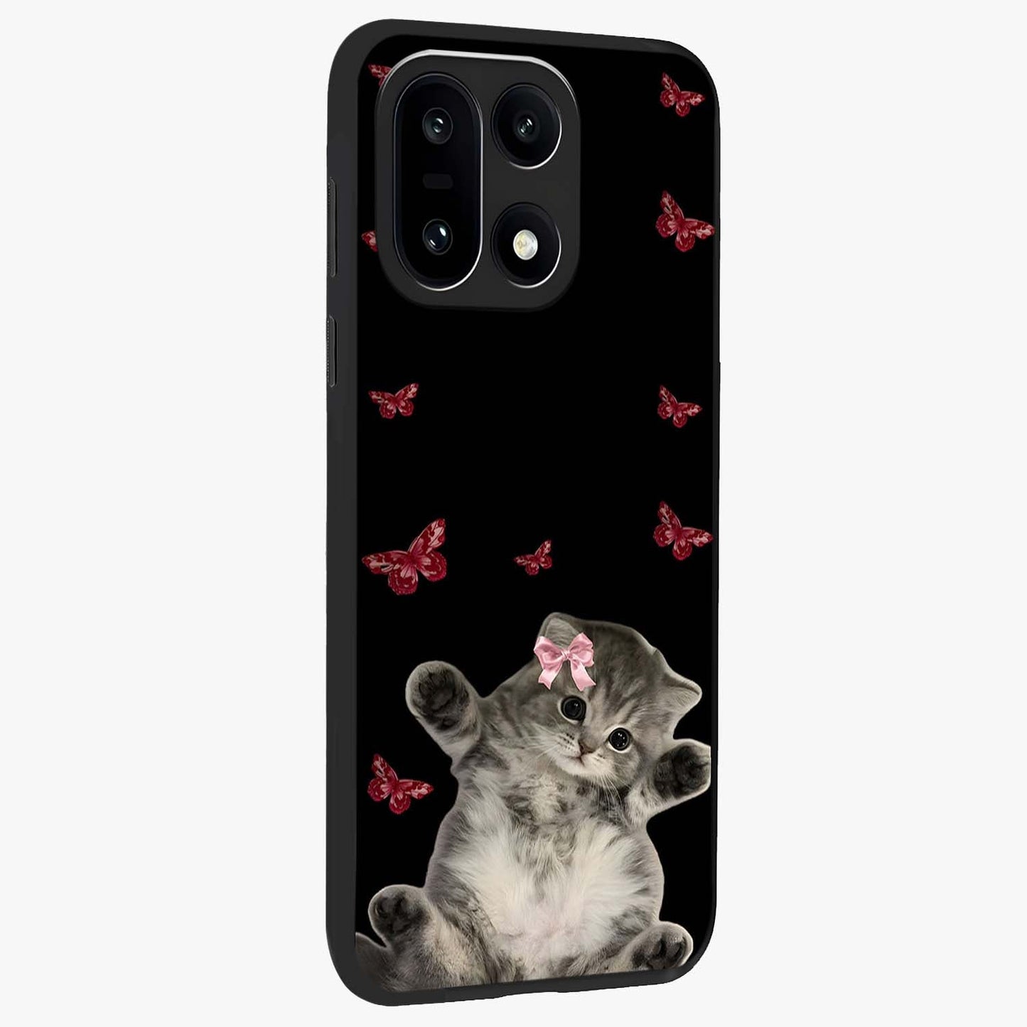 Butterfly Cat Bliss Glass Case for 1+15 side perspective highlighting delicate butterfly detailing and smooth edges