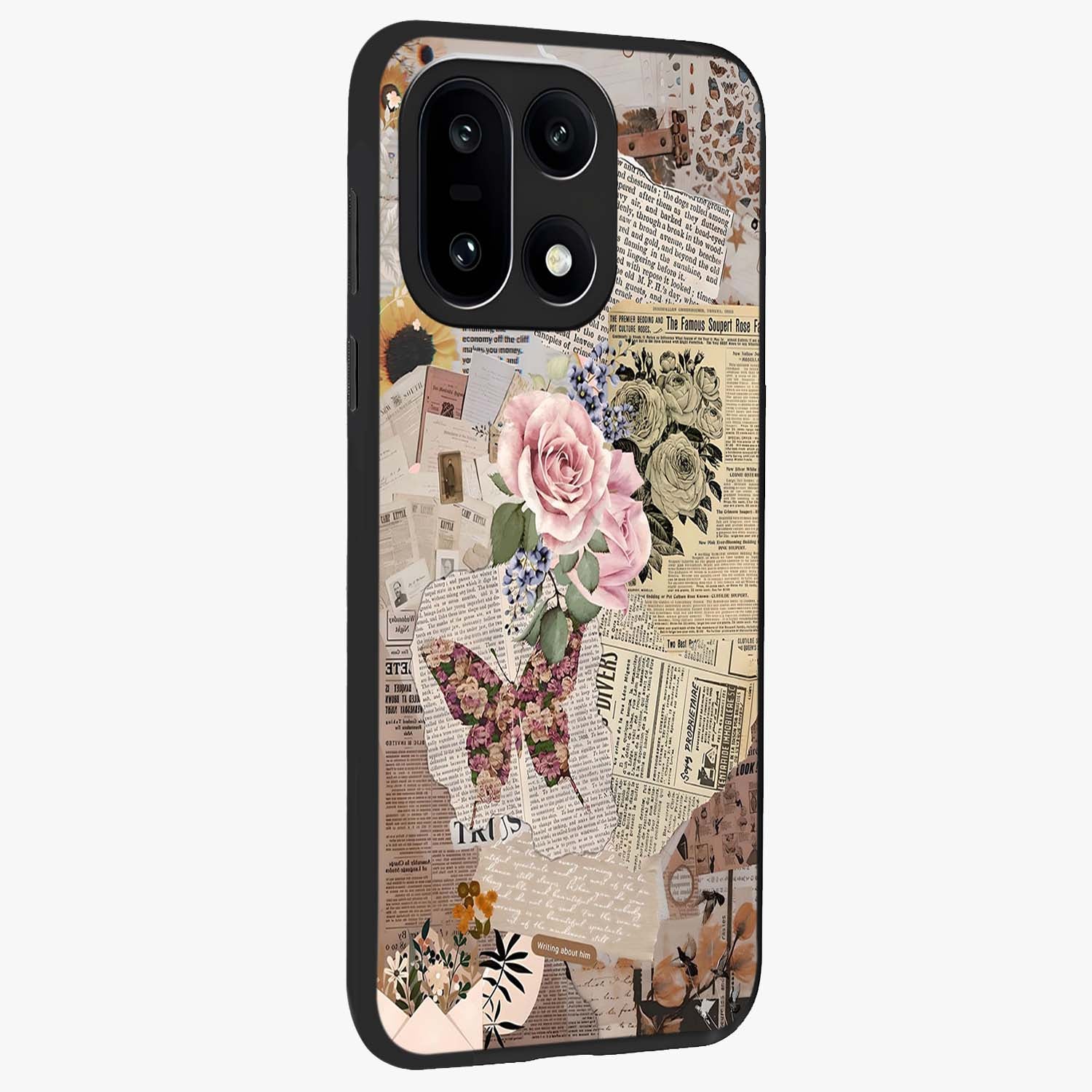Butterfly News Bloom Glass Case for 1+15 side perspective highlighting intricate bloom details and premium finish