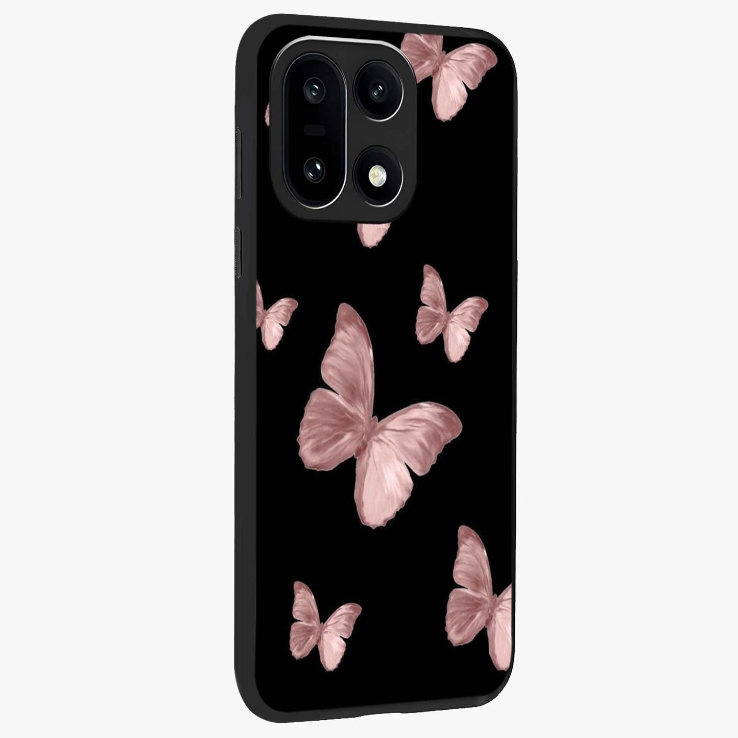 Butterfly Pattern Glass Case for 1+15 side perspective highlighting smooth edges and vibrant butterfly patterns
