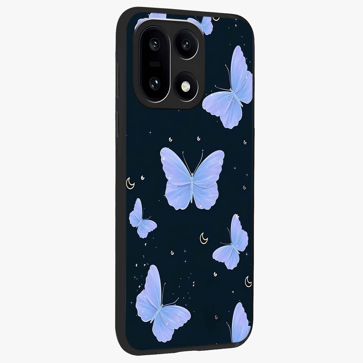 Butterfly With Stars Pattern Glass Case for 1+15 side perspective highlighting glowing star details and premium edges