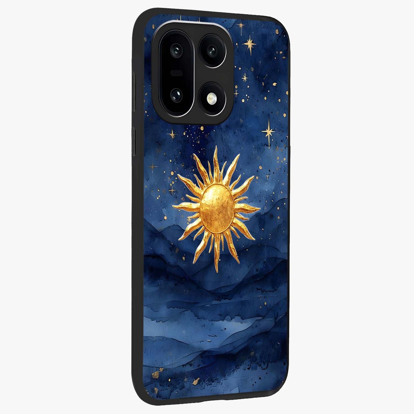 Celestial Blue Glow Glass Case for 1+15 side perspective highlighting vibrant glow detailing and sleek edges