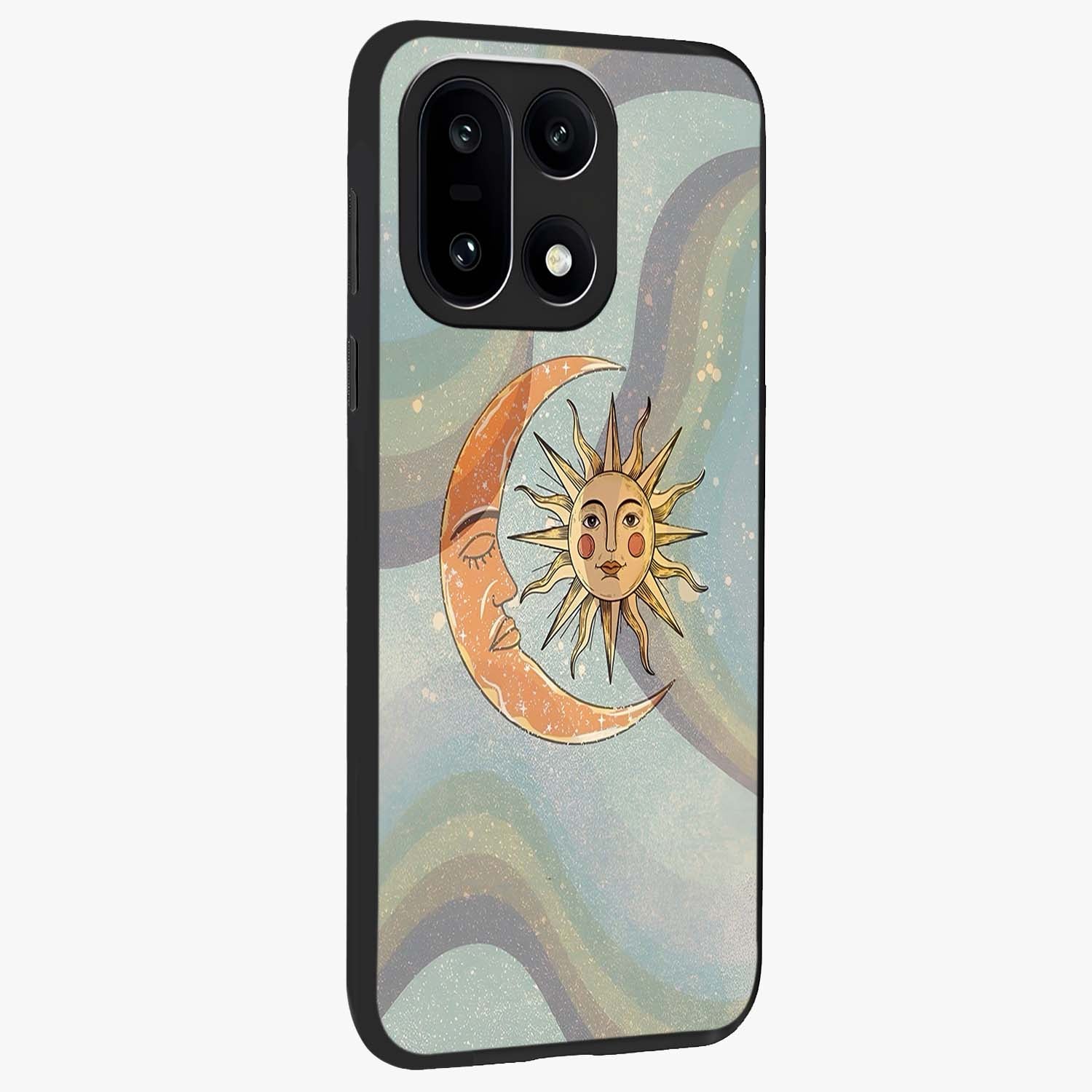 Celestial Harmony Vibes Glass Case for 1+15 side perspective highlighting harmonious detailing and sleek edges