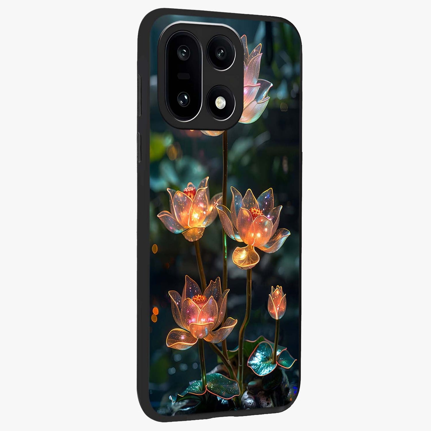 Celestial Lotus Light Glass Case for 1+15 side perspective highlighting delicate lotus detailing and premium finish