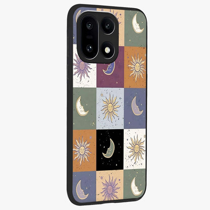 Celestial Patchwork Dreams Glass Case for 1+15 side perspective highlighting vibrant patchwork detailing and sleek edges