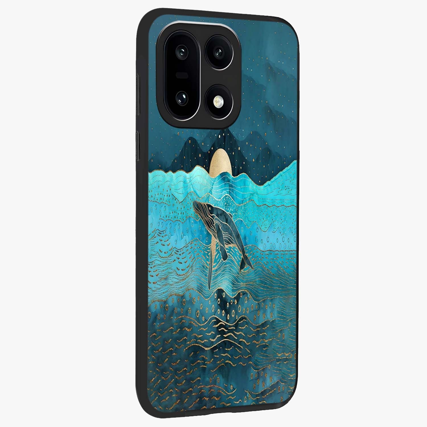 Celestial Whale Voyage Glass Case for 1+15 side perspective highlighting flowing whale illustration and premium detailing