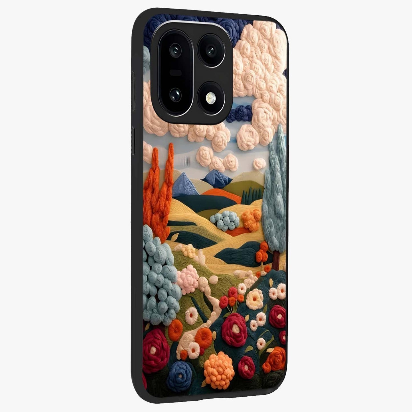 Cloud Cotton Meadows Printed Glass Case for 1+15 side perspective highlighting smooth edges and delicate meadow detailing