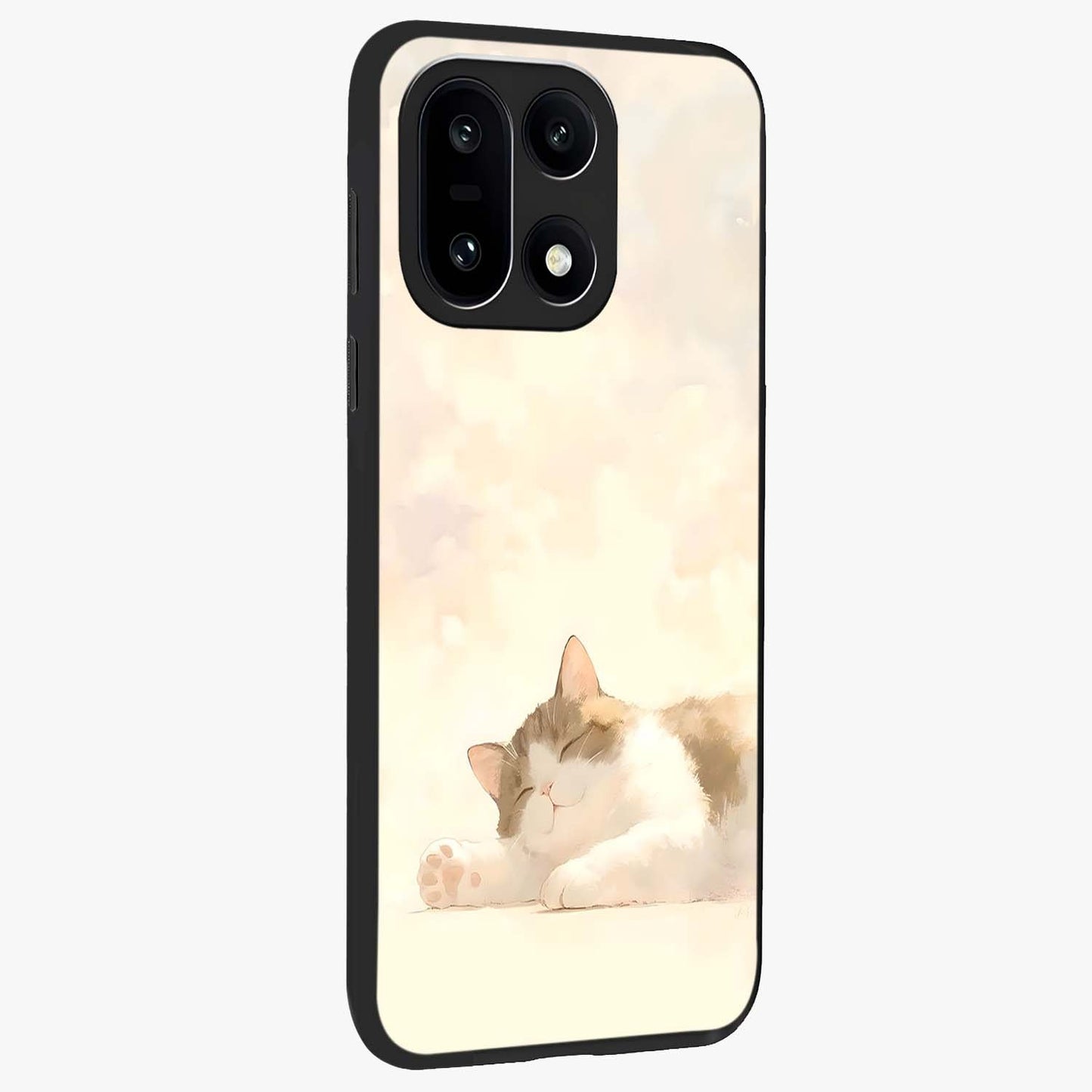 Cloud Nap Cat Glass Case for 1+15 side perspective highlighting charming feline details and premium edge finish
