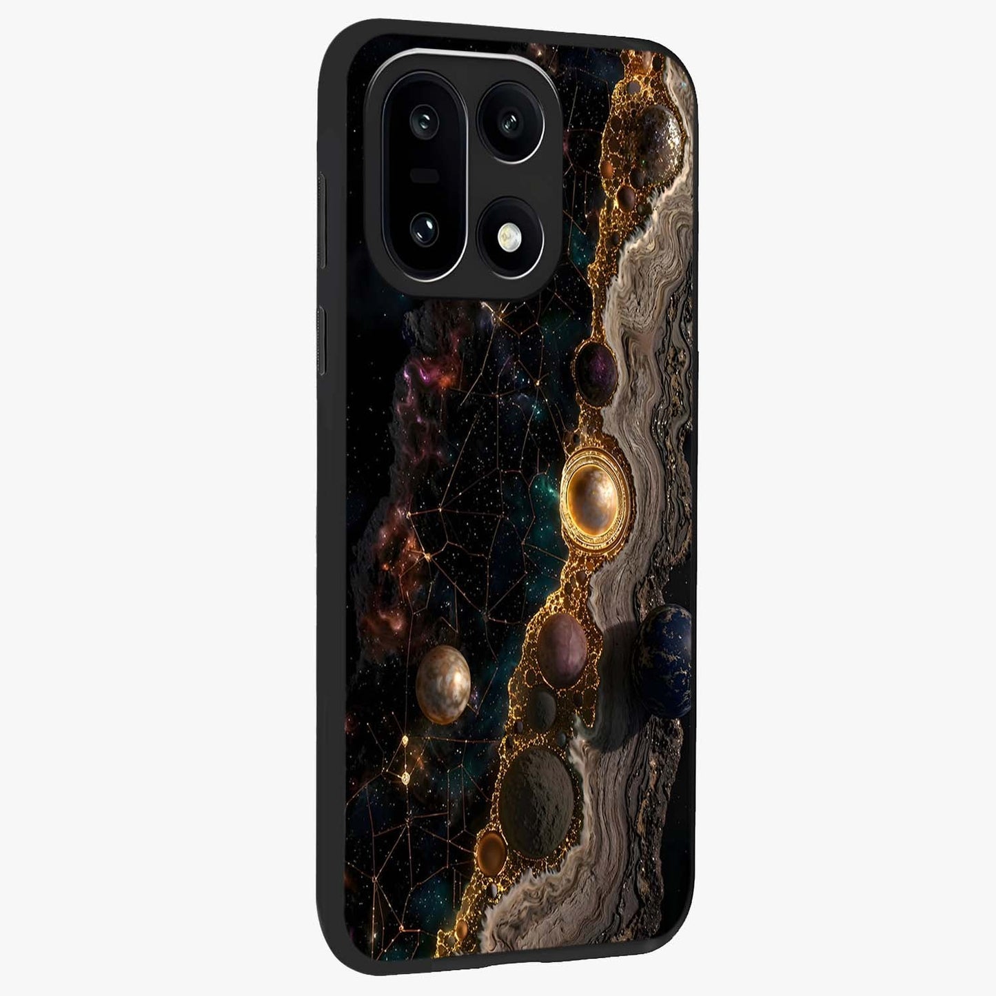Cosmic Gold Path Glass Case for 1+15 side perspective highlighting premium metallic detailing and sleek edges