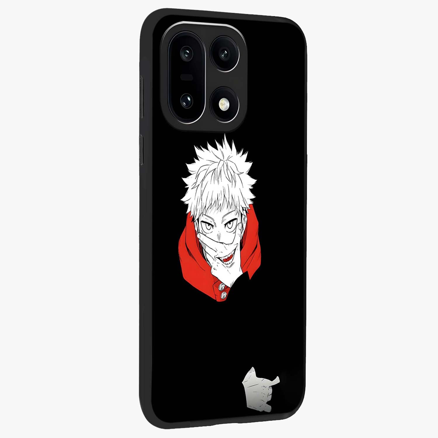 Crimson Chaos Smile Glass Case for 1+15 side perspective highlighting intense color contrast and sleek edges