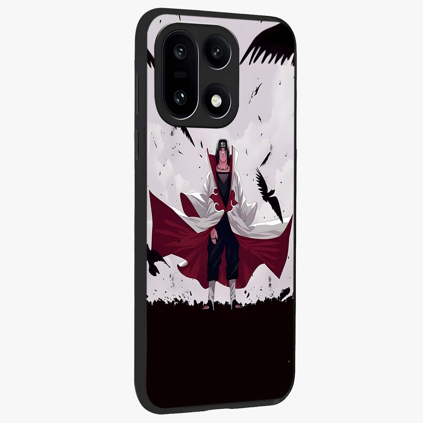 Crimson Crow Ascension Glass Case for 1+15 side perspective highlighting intricate crow detailing and premium texture