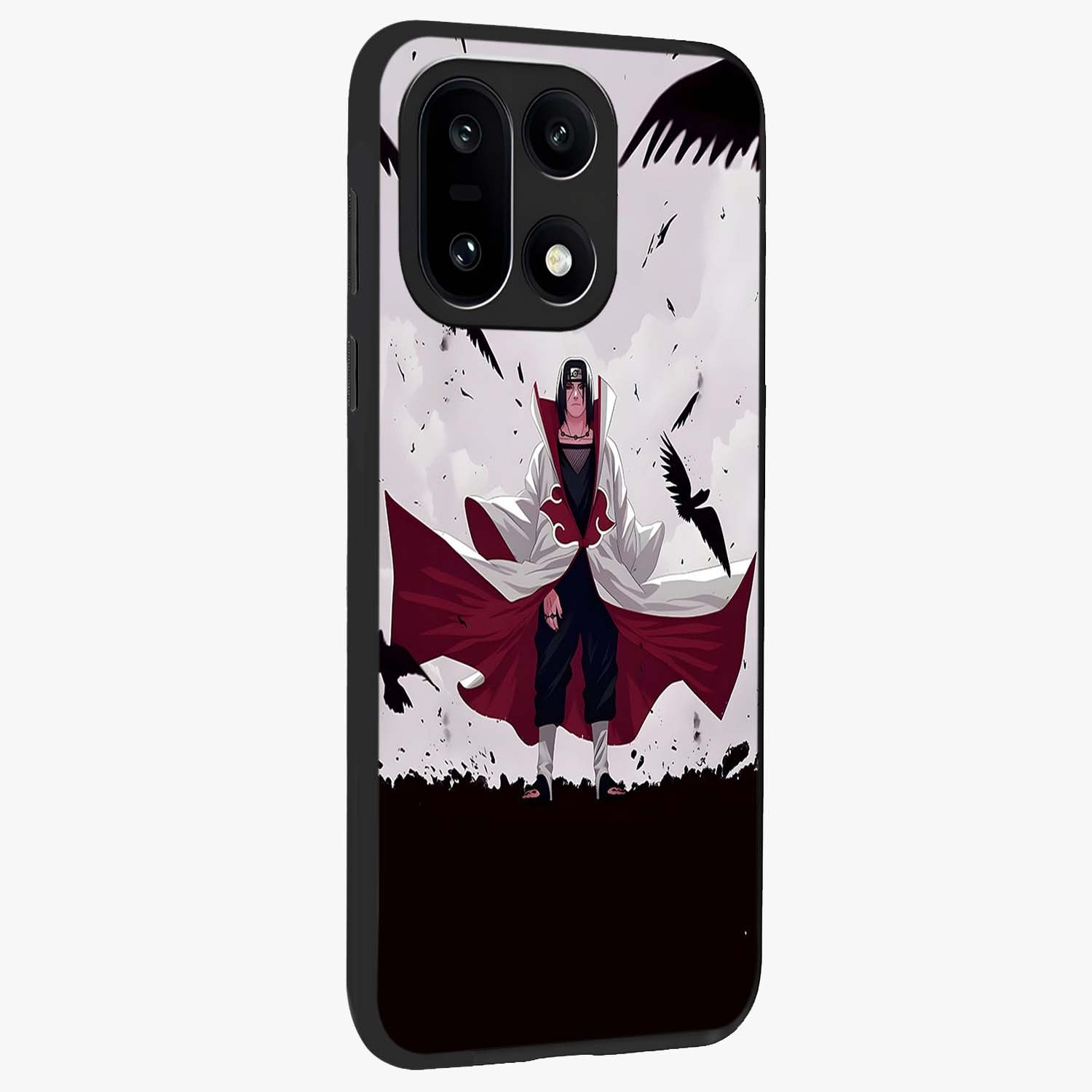 Crimson Crow Ascension Glass Case for 1+15 side perspective highlighting intricate crow detailing and premium texture