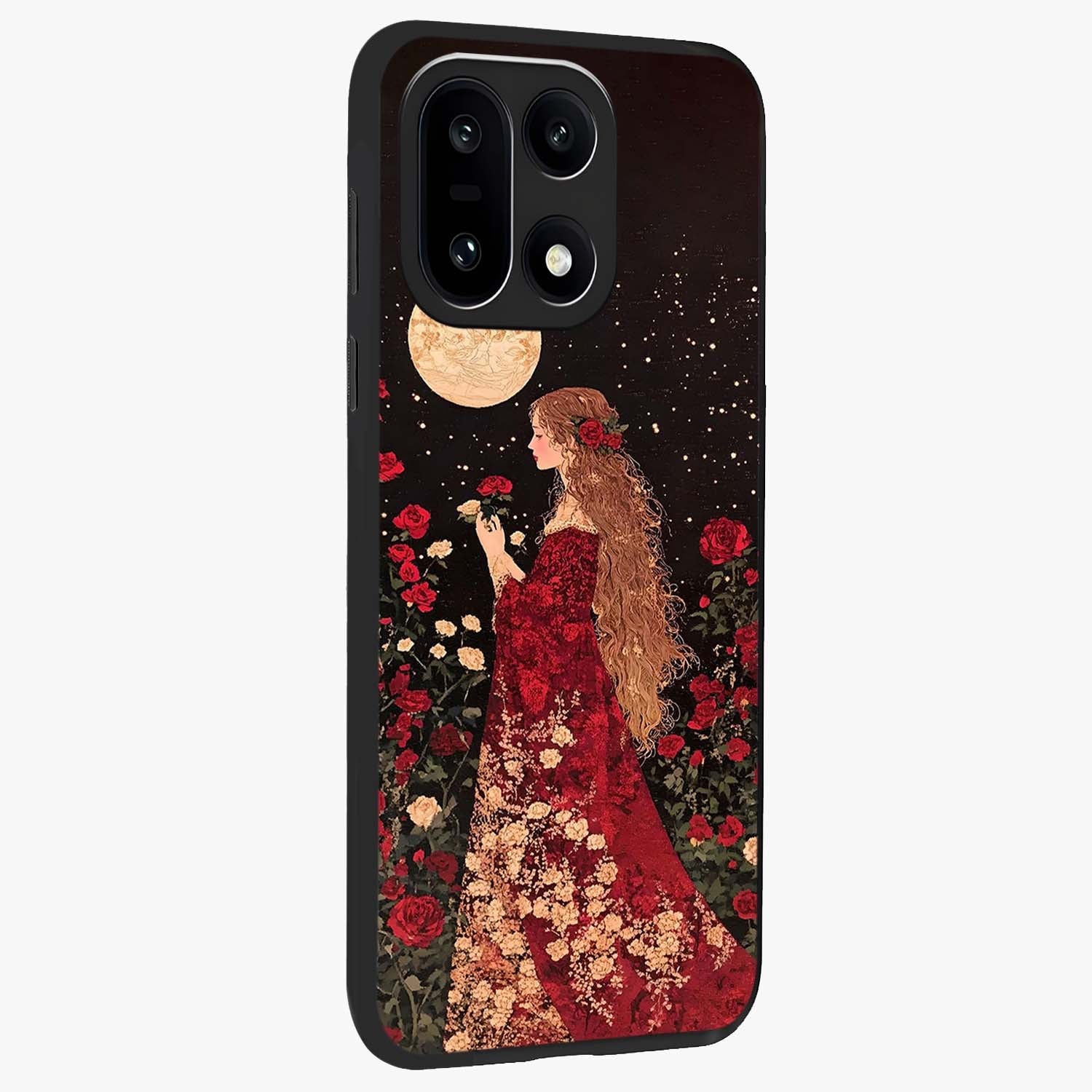Crimson Dreams Glass Case for 1+15 side perspective highlighting vibrant tones and premium edge detailing