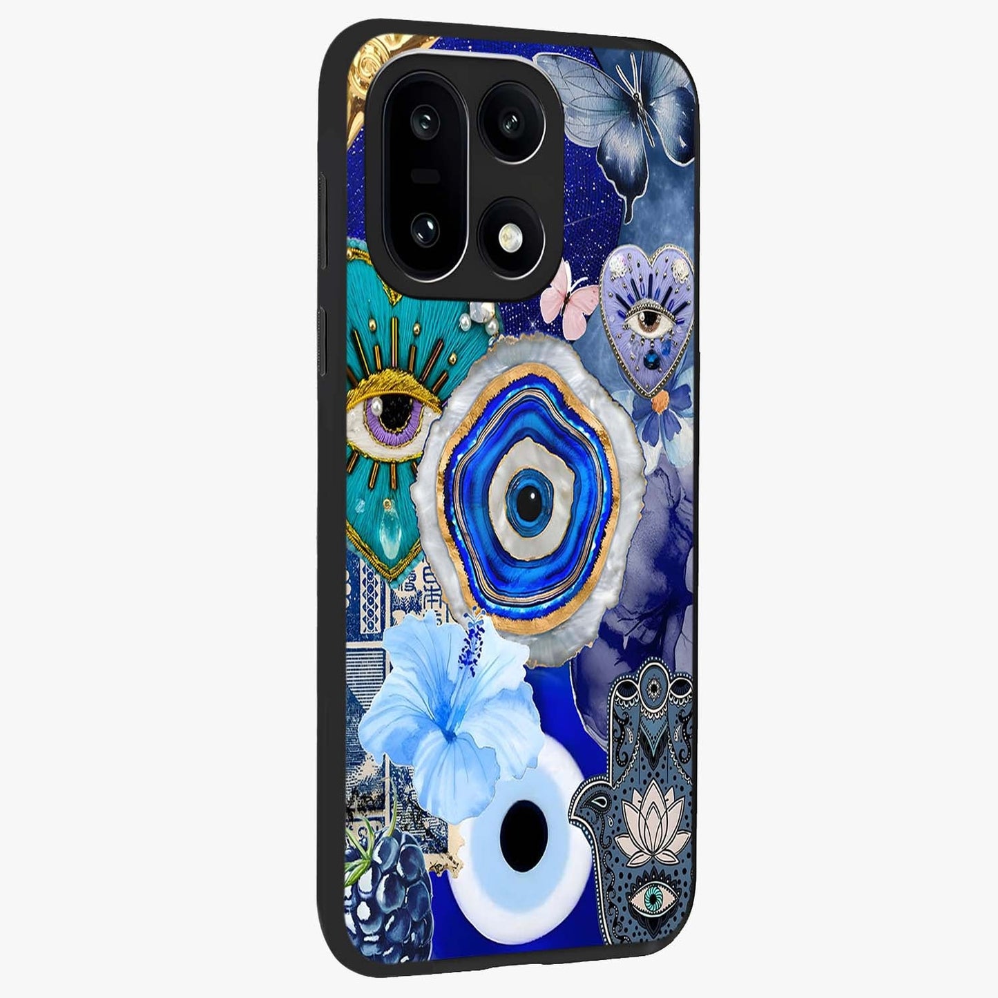 Crimson Evil Eye Charm Glass Case for 1+15 side perspective highlighting intricate charm design and smooth edges