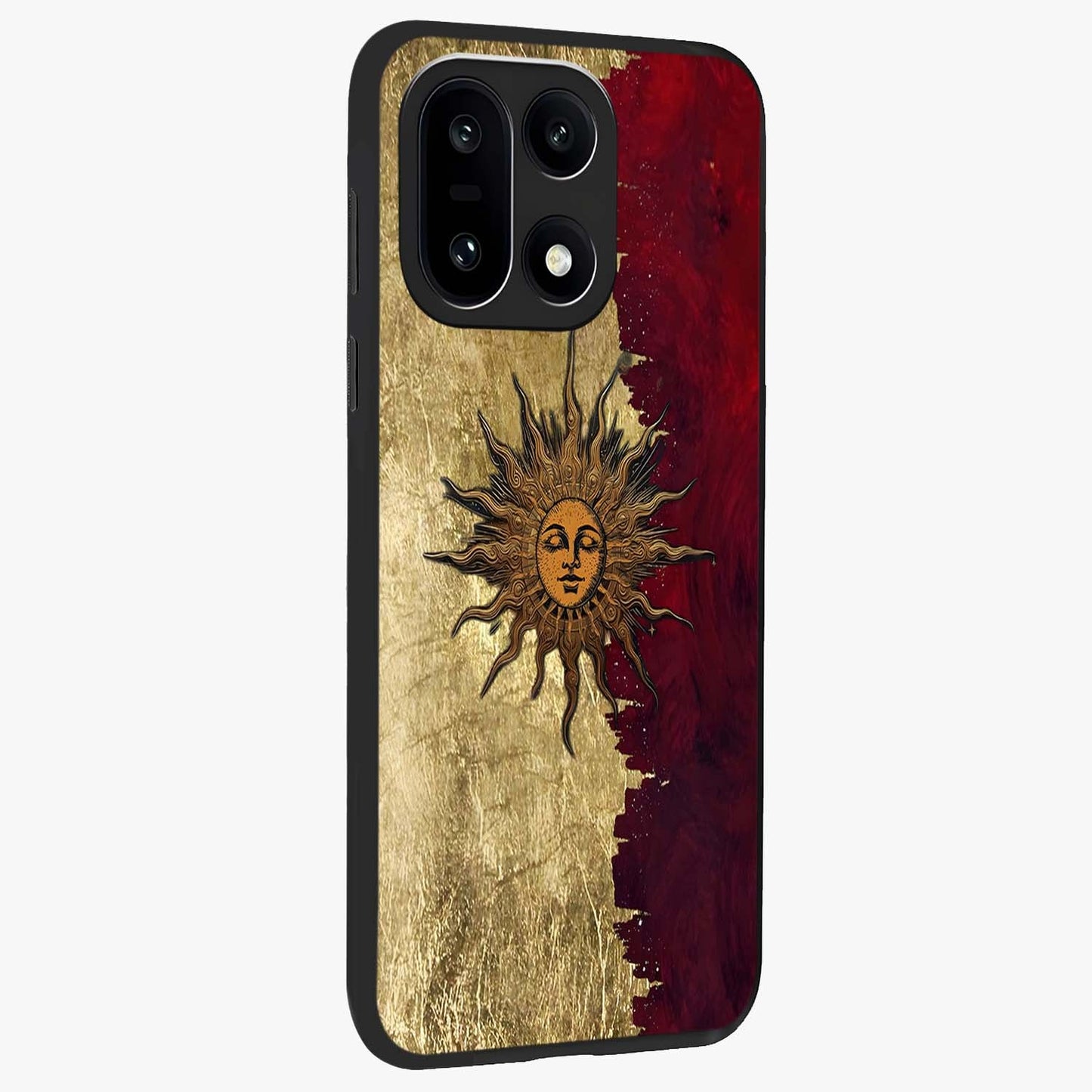 Crimson Sun Majesty Glass Case for 1+15 side perspective highlighting vibrant sun detailing and smooth edges
