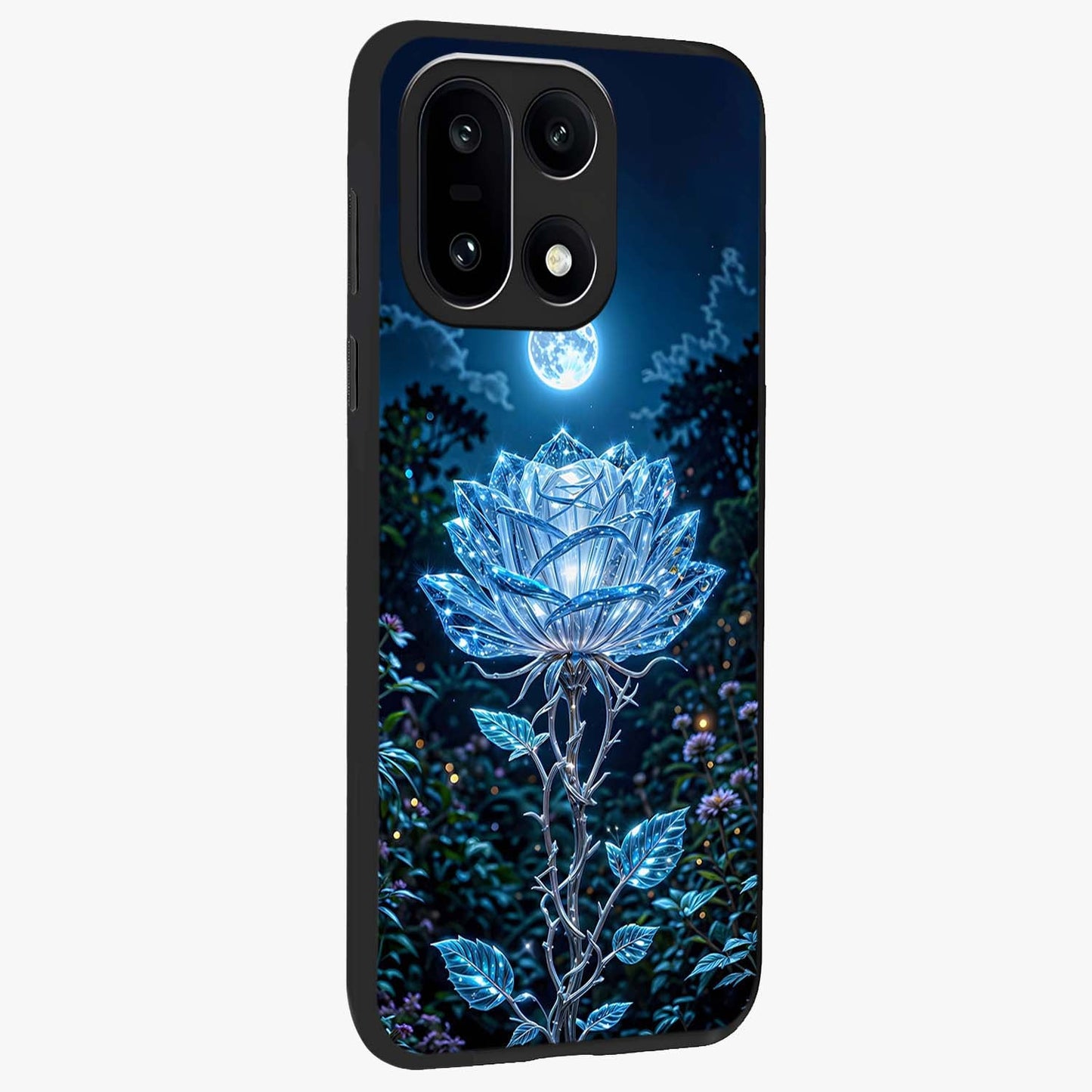 Crystal Moon Lotus Glass Case for 1+15 side perspective highlighting soft celestial tones and premium edge finish
