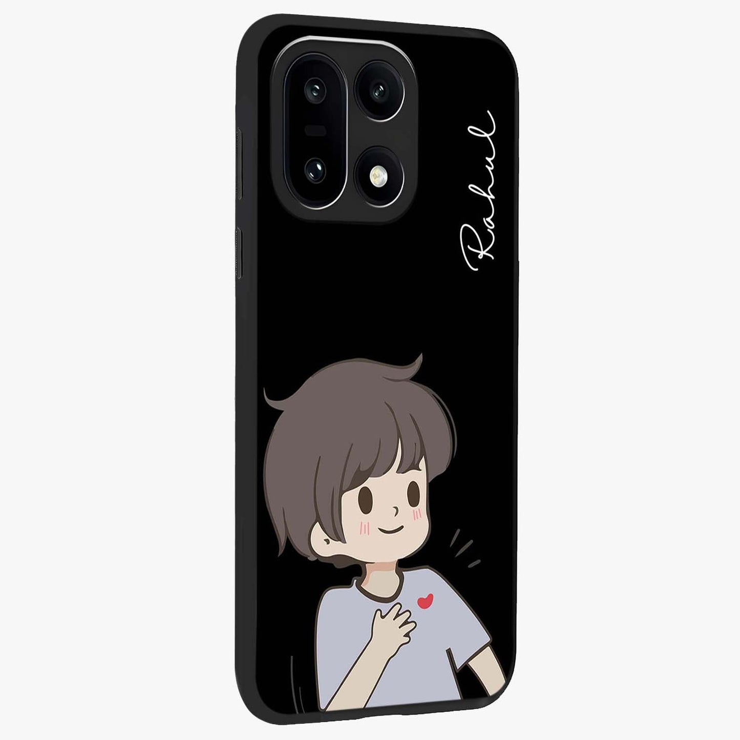 Cute Boy Heart Reaction Glass Case for 1+15 side perspective highlighting expressive illustration details and premium edges