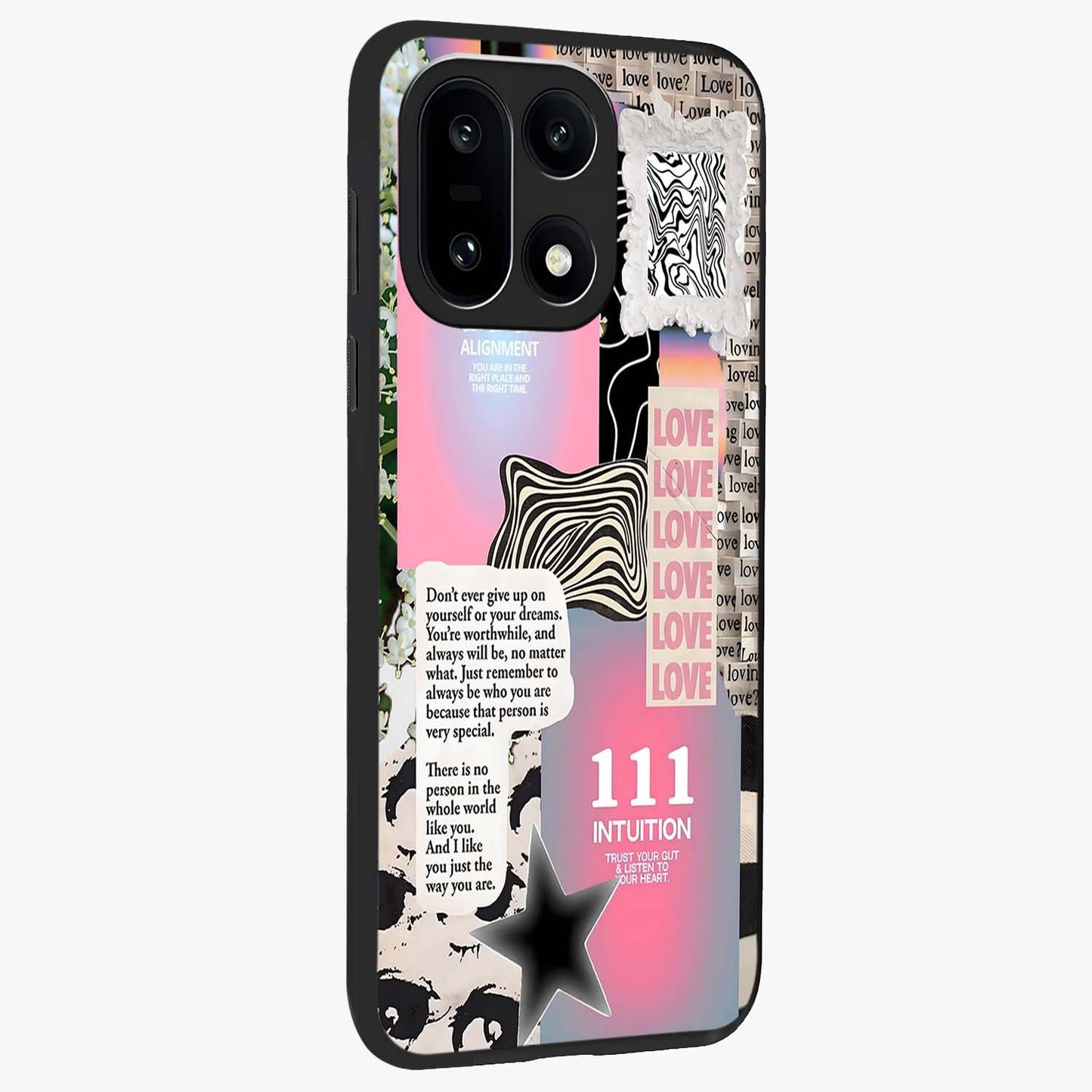 Divine Love Vibes Glass Case for 1+15 side perspective highlighting elegant detailing and smooth build