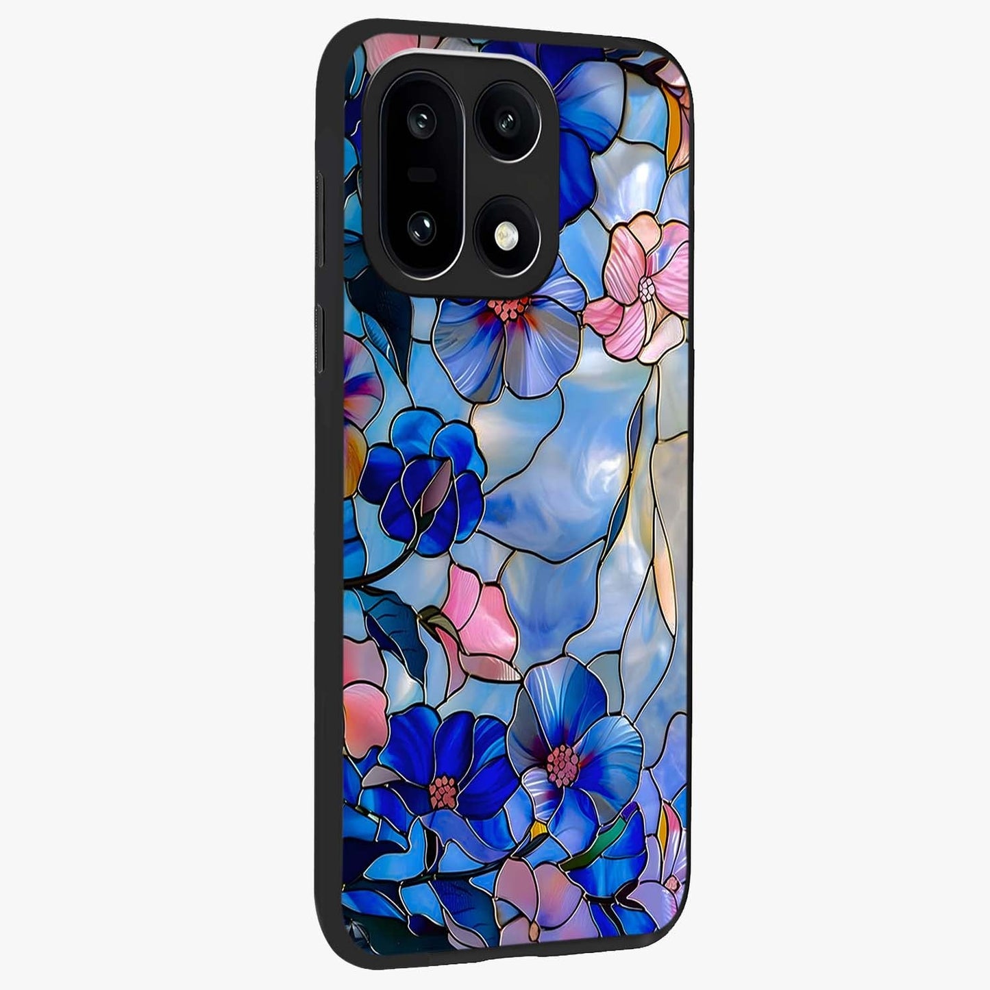 Eternal Floral Stained Glass Case for 1+15 side perspective highlighting colorful floral detailing and premium edge finish