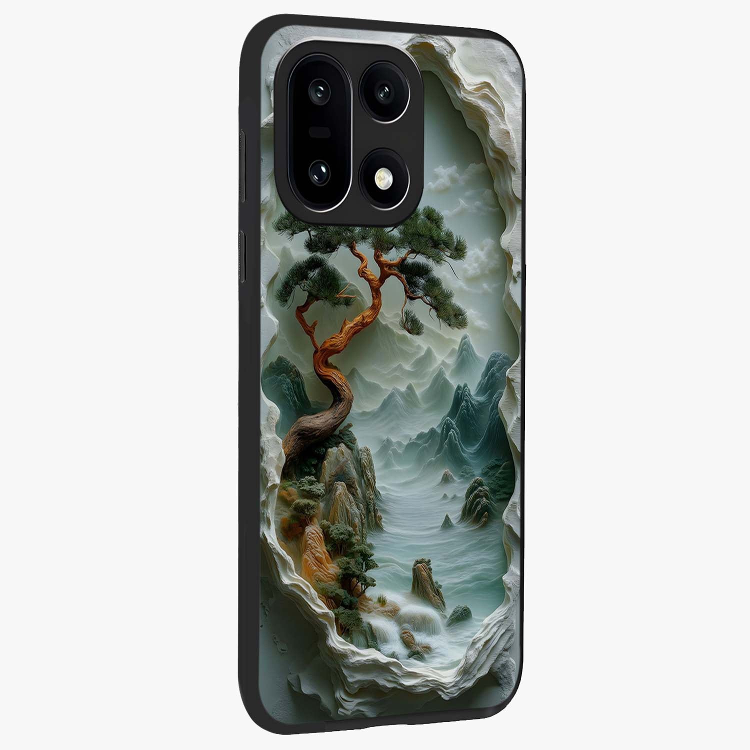 Eternal Nature Spirit Glass Case for 1+15 side perspective highlighting organic textures and sleek build