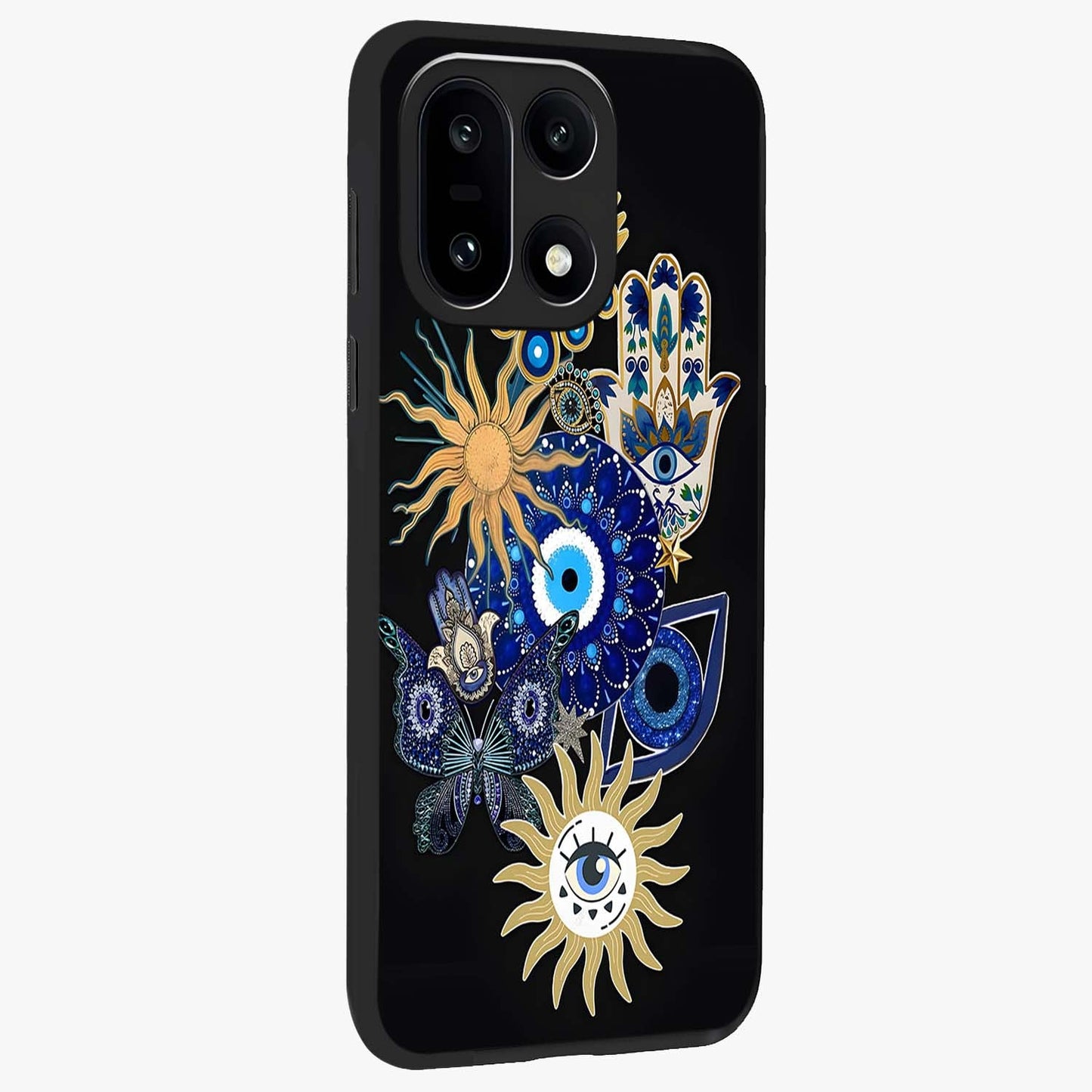 Evil Eye Charm Vibes Glass Case for 1+15 side perspective highlighting vibrant textures and premium edge finish
