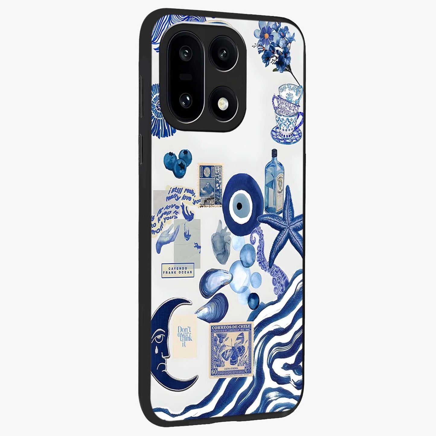Evil Eye With Blue Themed Collage Glass Case for 1+15 side perspective highlighting bold collage detailing and smooth edges