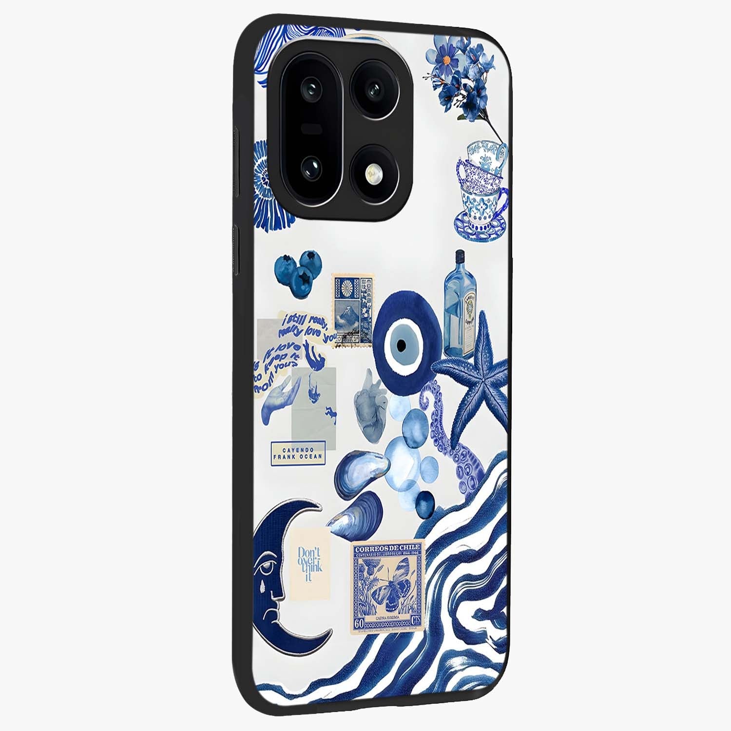 Evil Eye With Blue Themed Collage Glass Case for 1+15 side perspective highlighting bold collage detailing and smooth edges