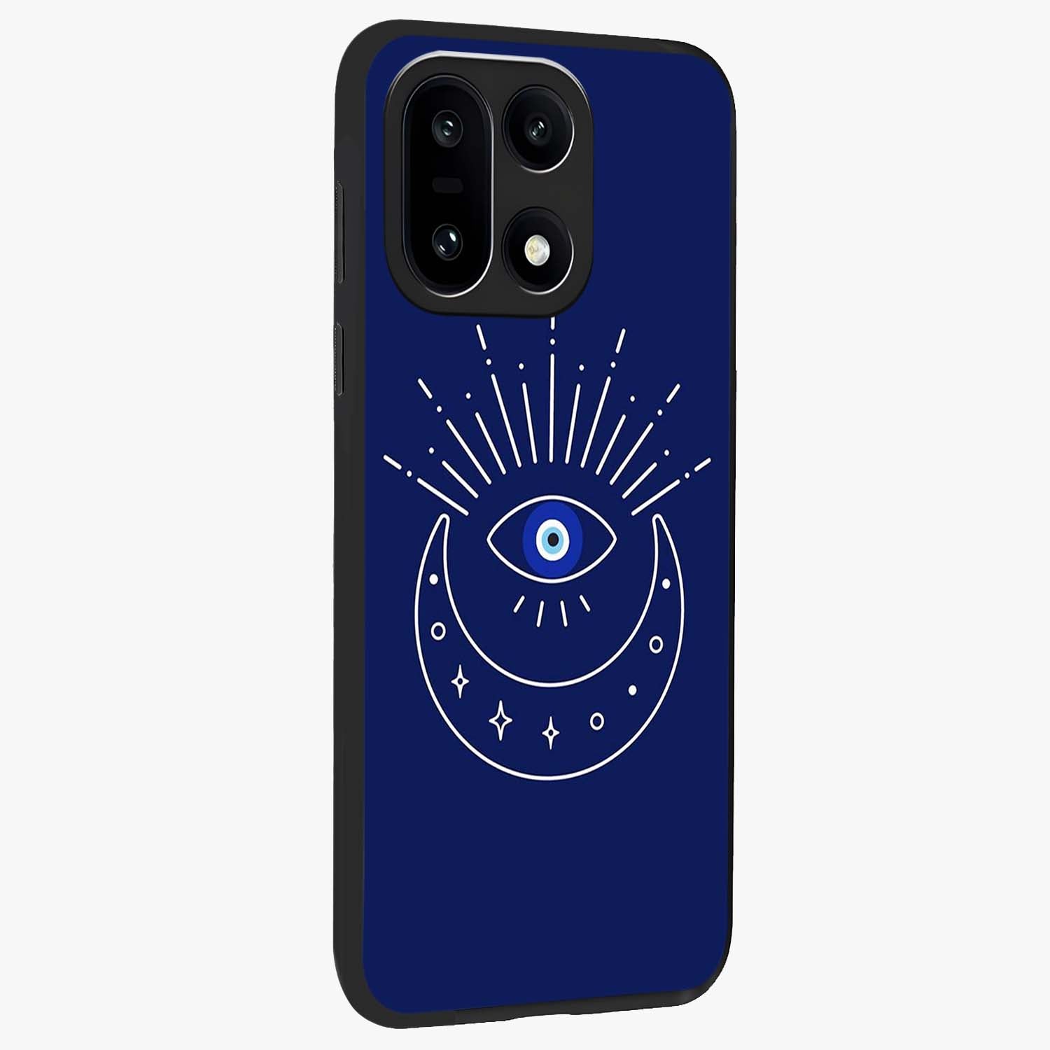 Evil Eyes Dark Blue Glass Case for 1+15 side perspective highlighting intense blue detailing and premium build