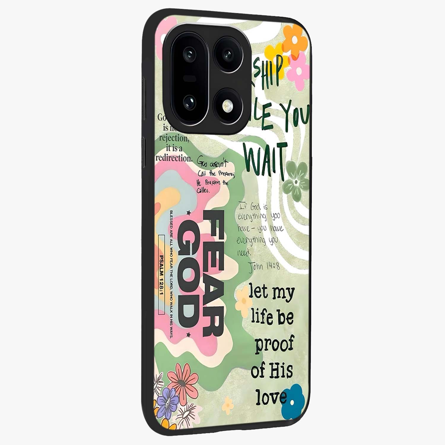 Faith Over Fear Glass Case for 1+15 side perspective highlighting powerful text detailing and premium edges