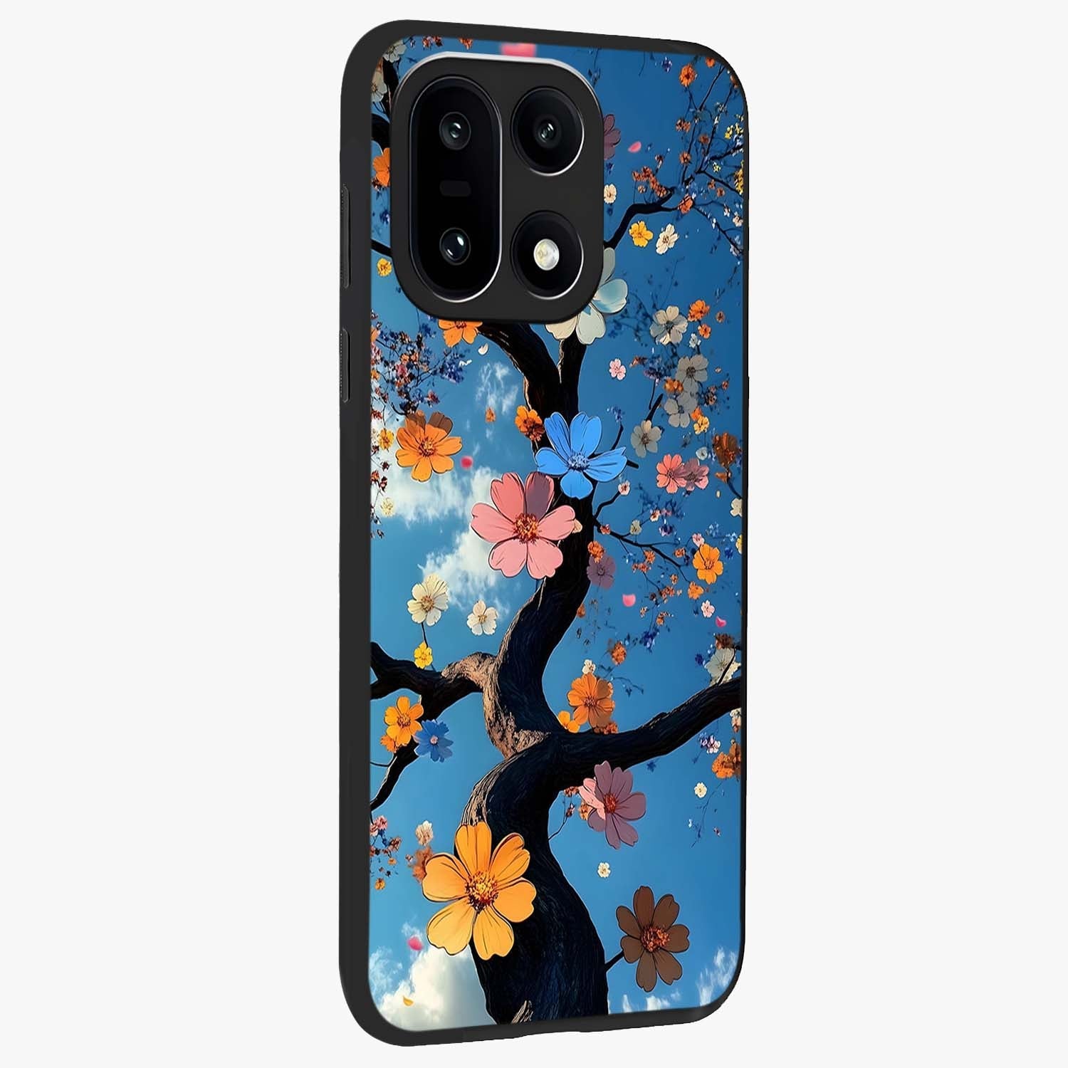 Floral Tree Glass Case for 1+15 side perspective highlighting vibrant floral patterns and sleek edges