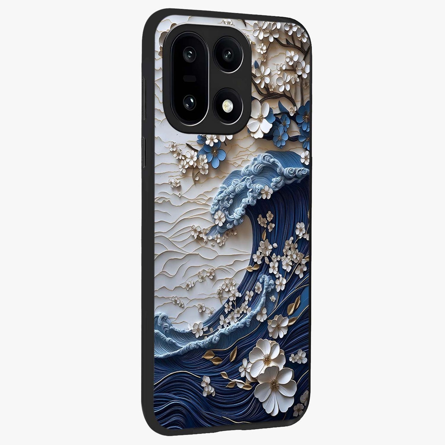 Floral Wave Origami Glass Case for 1+15 side perspective highlighting sharp origami textures and sleek premium edges