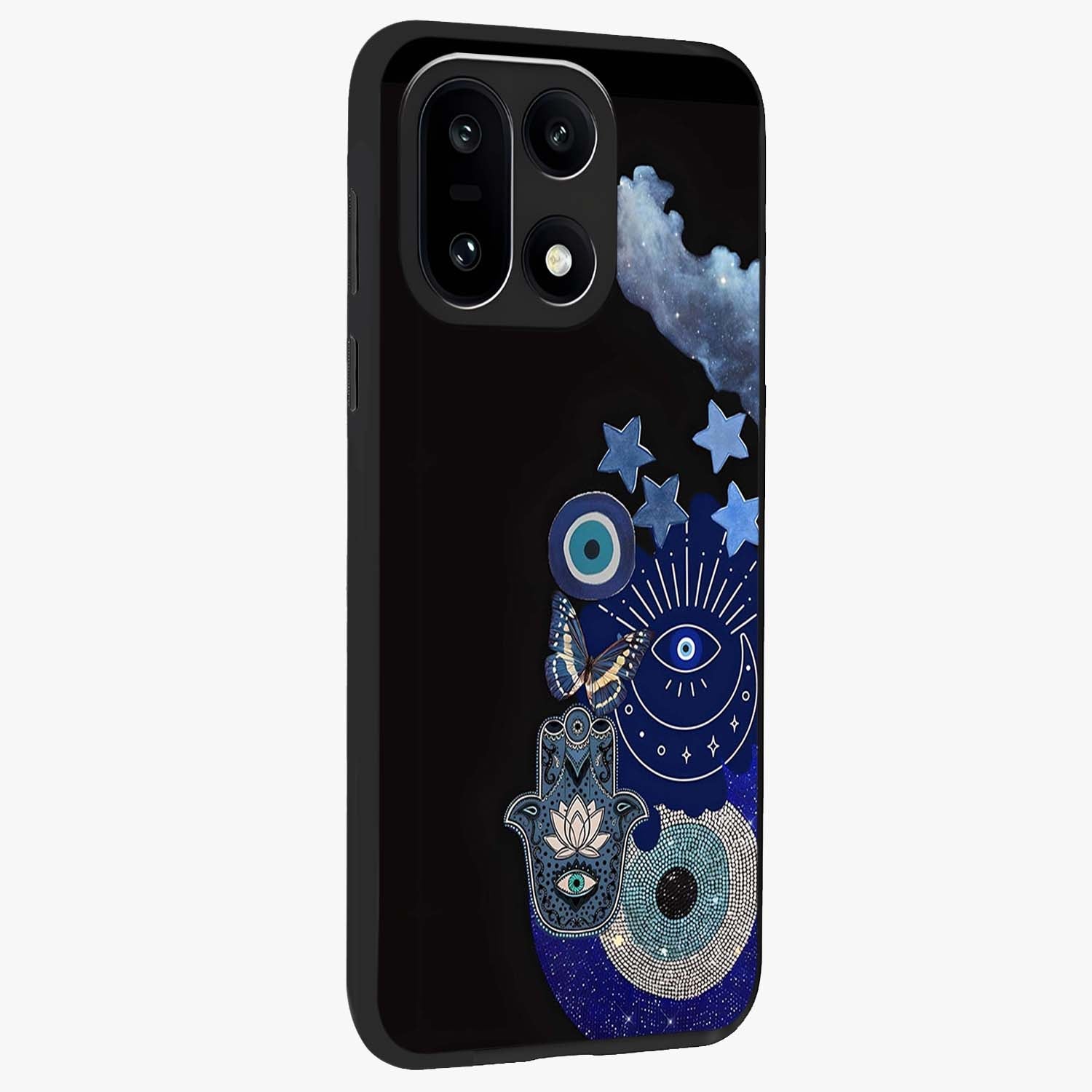 Galactic Charm Cluster Glass Case for 1+15 side perspective highlighting glowing textures and premium edge finish