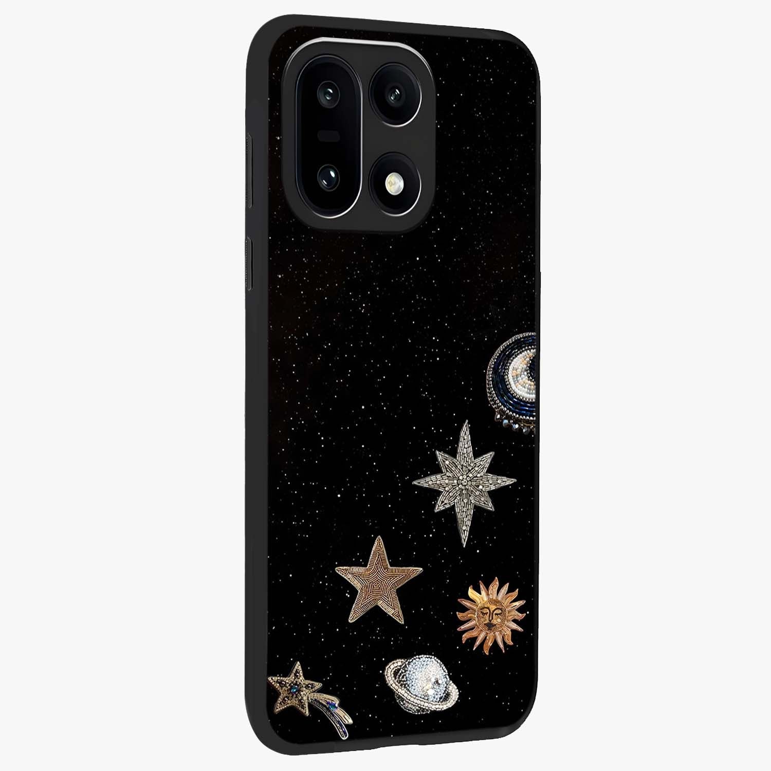 Galactic Charm Glow Glass Case for 1+15 side perspective highlighting vibrant star detailing and sleek premium edges