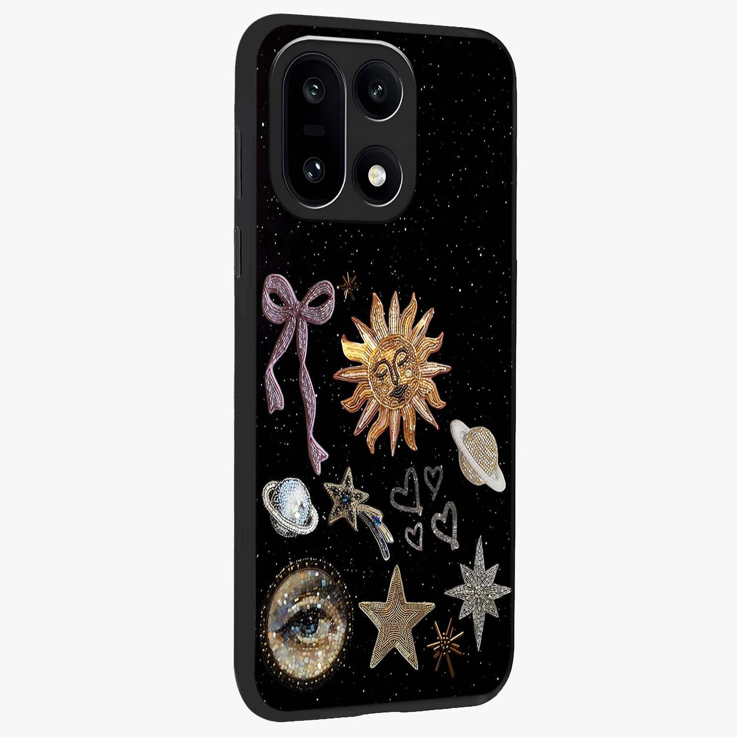Galactic Sun Charm Glass Case for 1+15 side perspective highlighting glowing sun detailing and premium edge finish