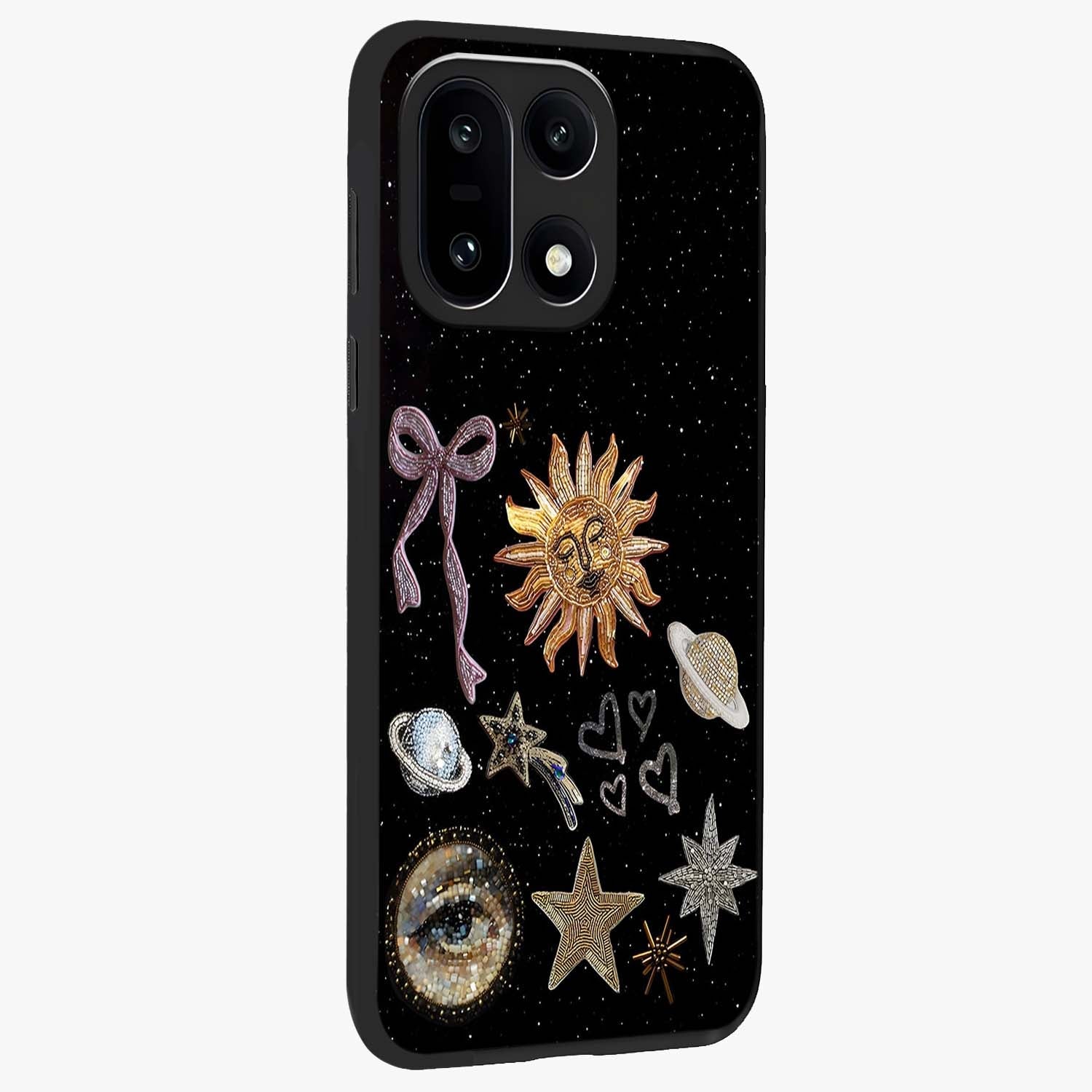 Galactic Sun Charm Glass Case for 1+15 side perspective highlighting glowing sun detailing and premium edge finish