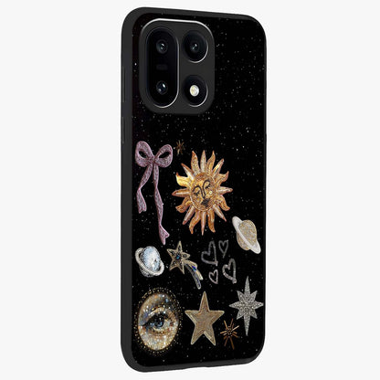 Galactic Sun Charm Glass Case for 1+15 side perspective highlighting glowing sun detailing and premium edge finish