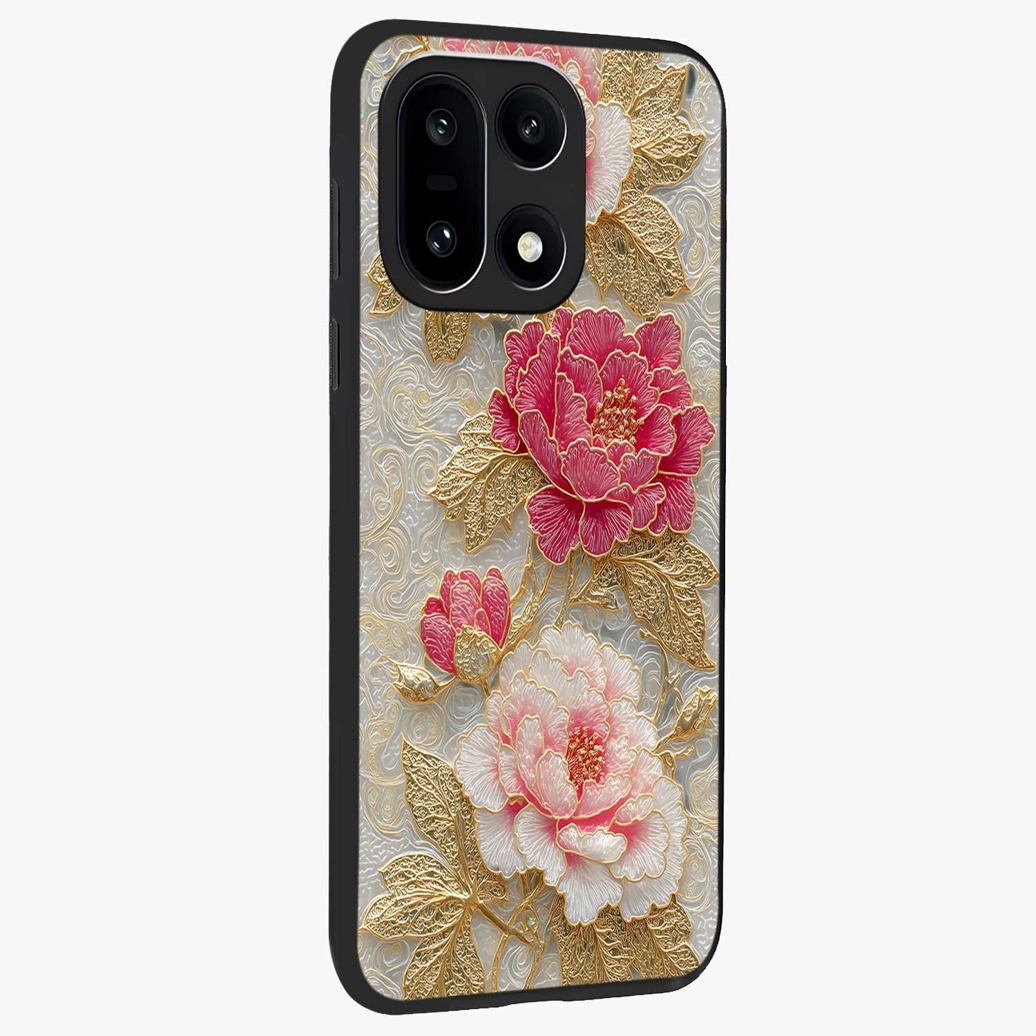 Golden Blossom Elegance Glass Case for 1+15 side perspective highlighting delicate floral textures and sleek build
