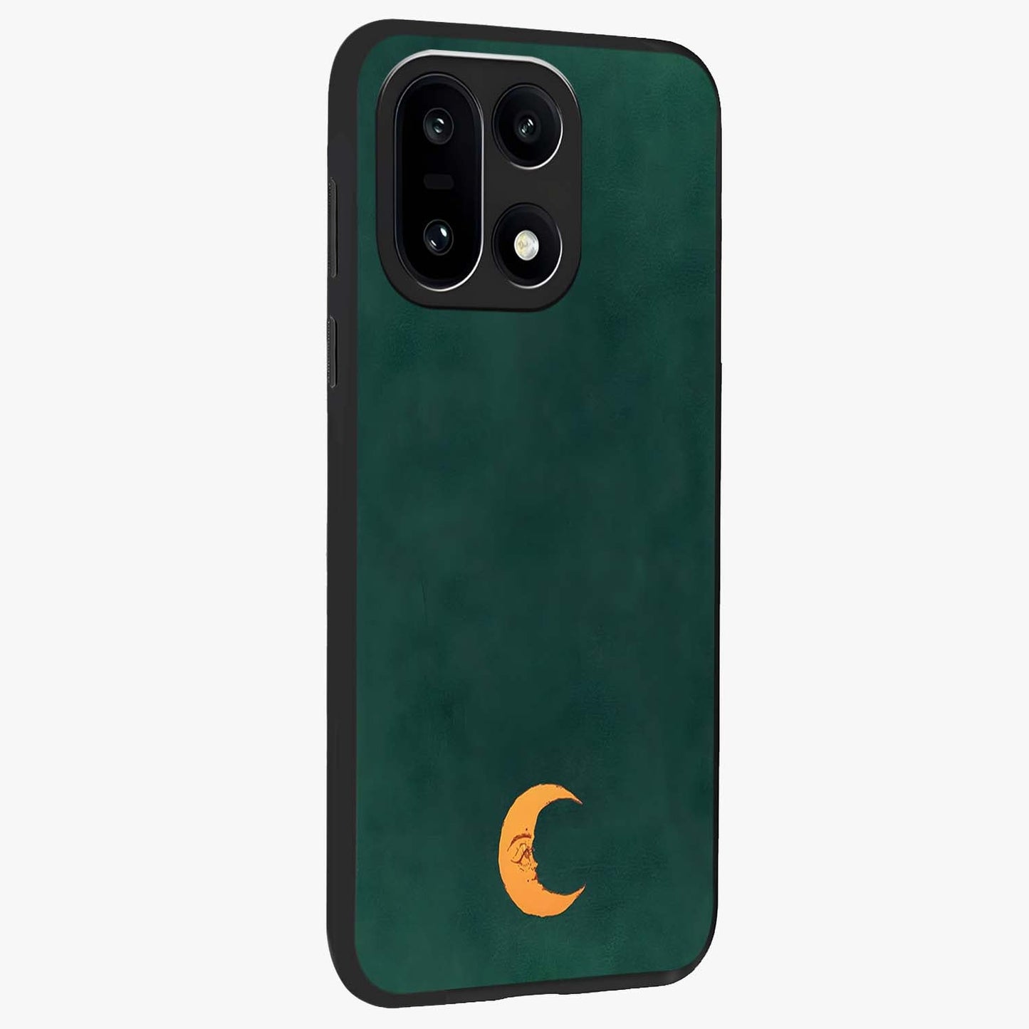 Golden Crescent Mood Glass Case for 1+15 side perspective highlighting elegant crescent detailing and smooth build