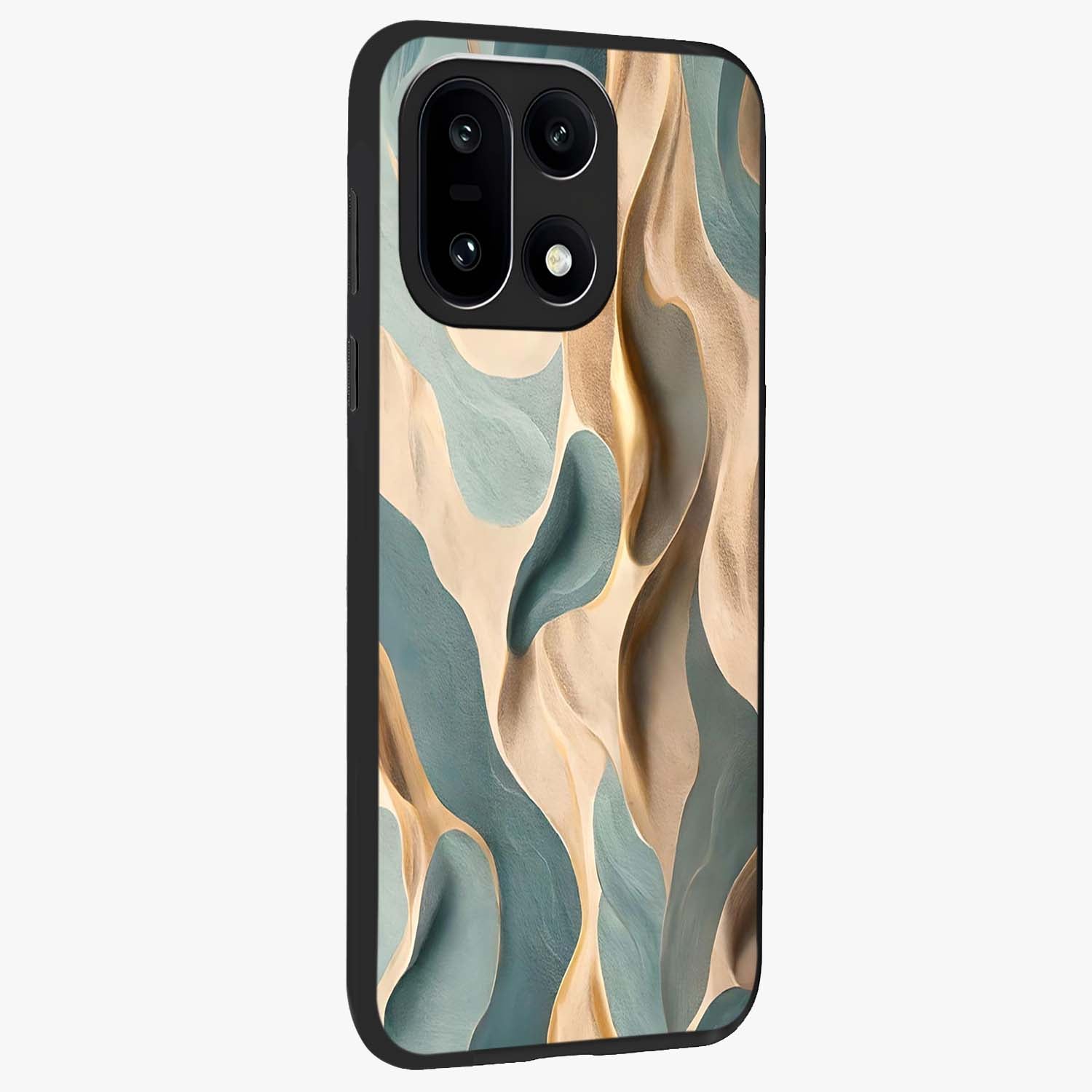 Golden Dune Waves Glass Case for 1+15 side perspective highlighting warm gradients and premium edges