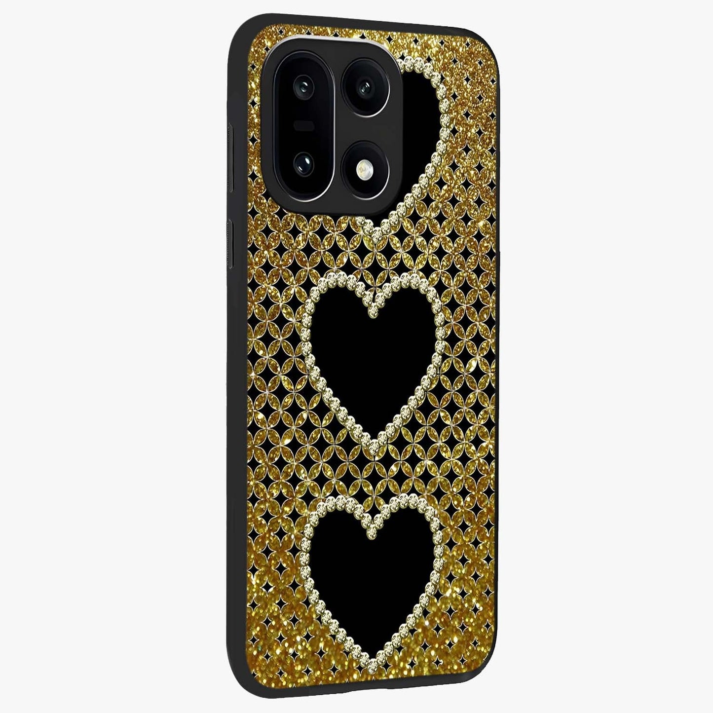 Golden Heart Glow Glass Case for 1+15 side perspective highlighting smooth heart detailing and premium edges