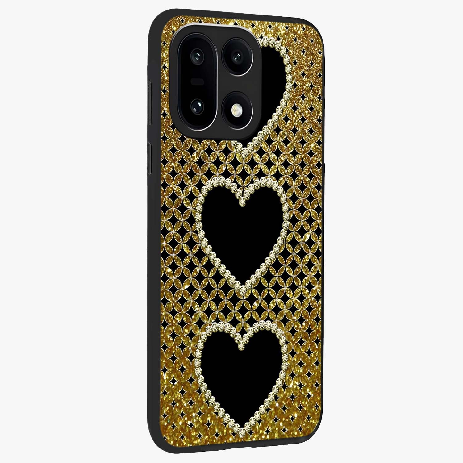 Golden Heart Glow Glass Case for 1+15 side perspective highlighting smooth heart detailing and premium edges