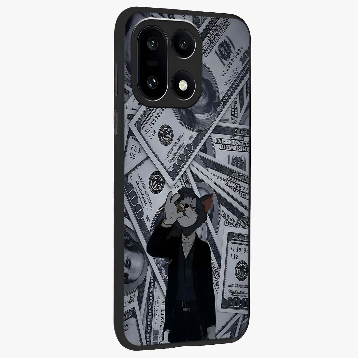 Greedy Fortune Cat Glass Case for 1+15 side perspective highlighting playful textures and smooth edges