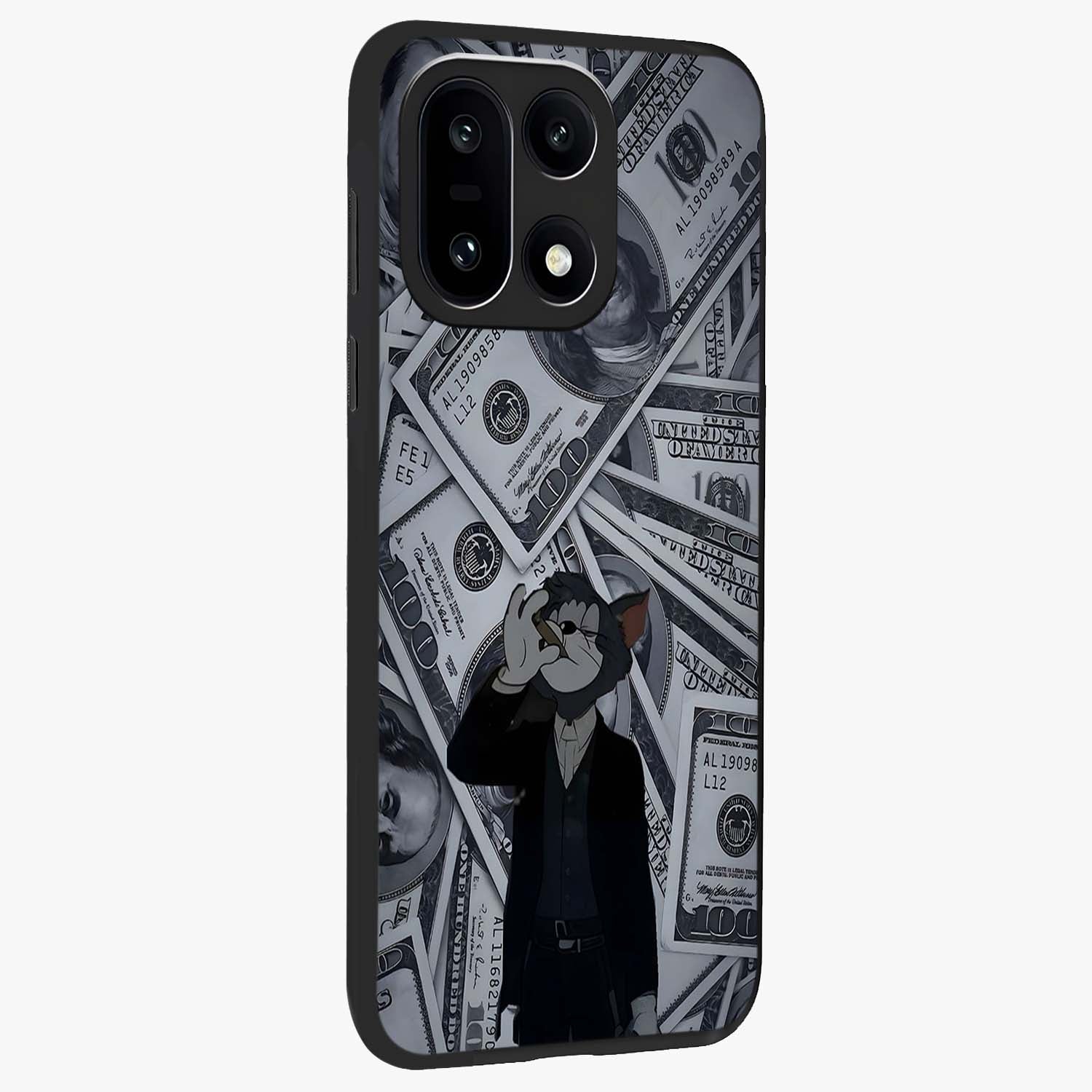 Greedy Fortune Cat Glass Case for 1+15 side perspective highlighting playful textures and smooth edges