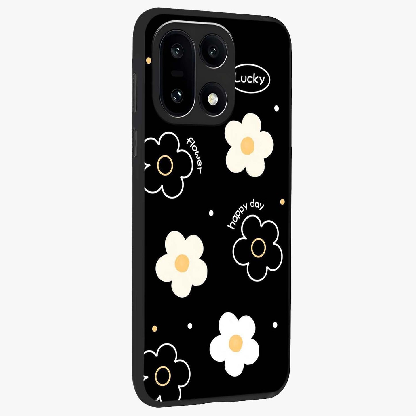 Happy Day Daisy Glass Case for 1+15 side perspective highlighting fresh floral textures and premium edges
