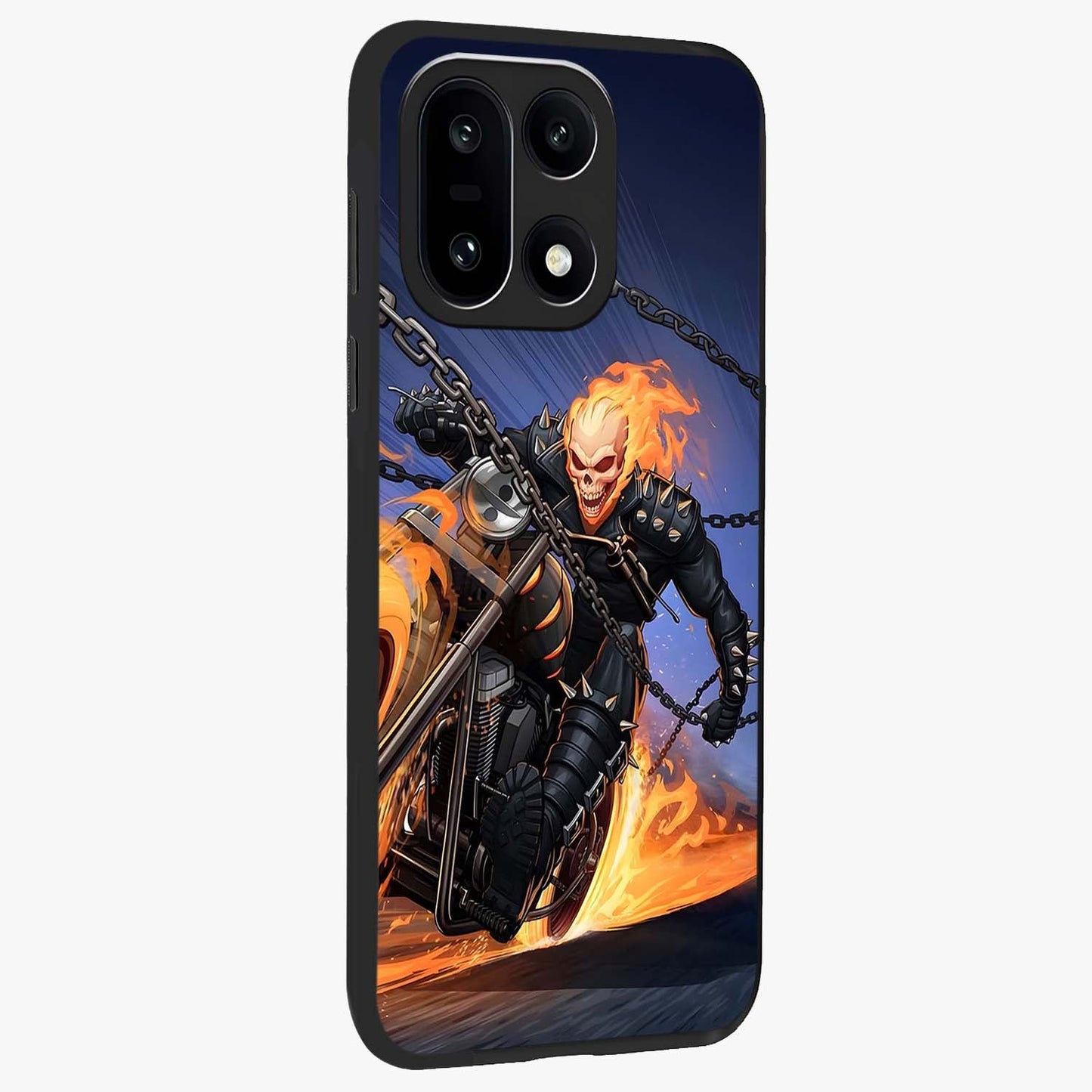 Inferno Chain Rider Glass Case for 1+15 displayed upright for bold action visibility and premium finish.