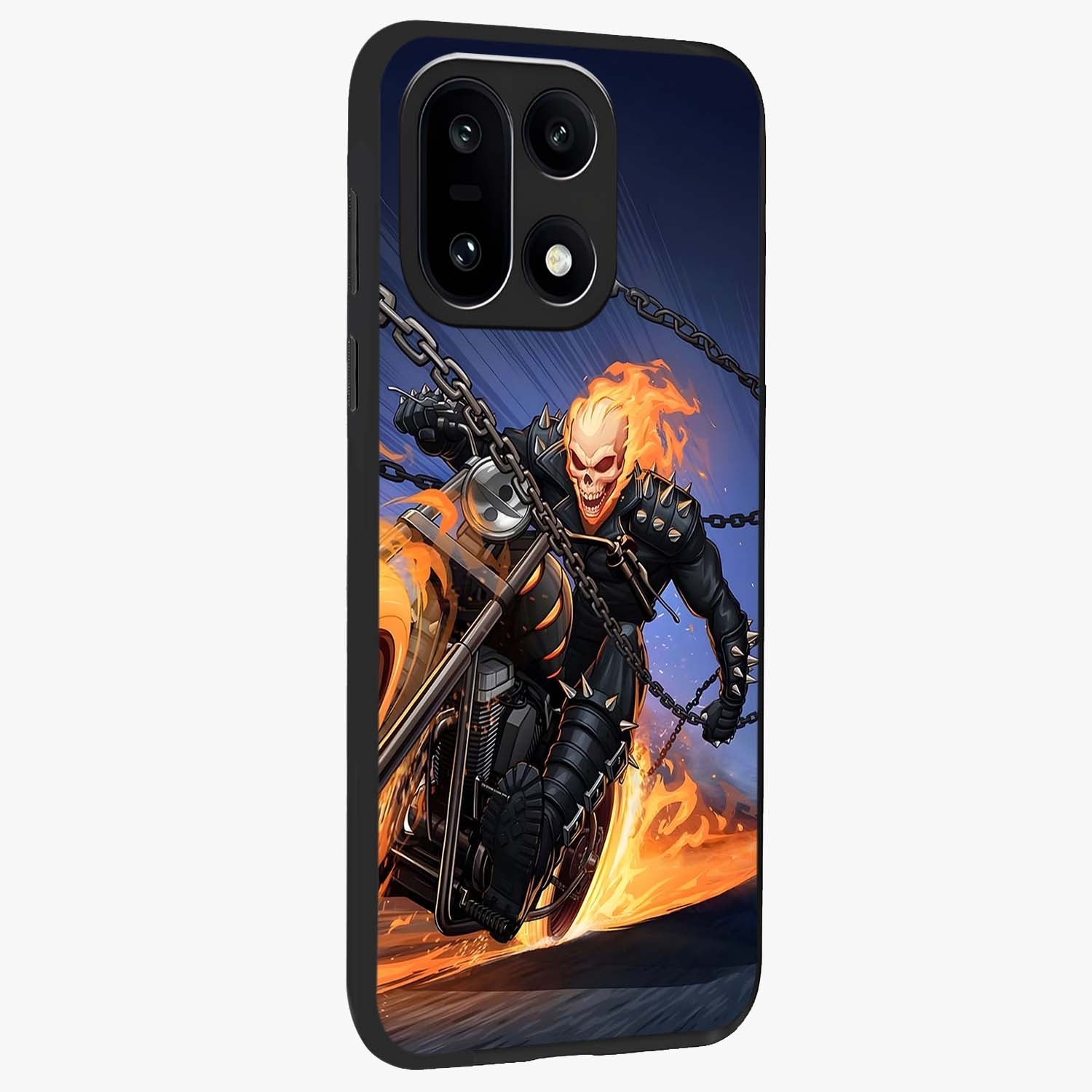 Inferno Chain Rider Glass Case for 1+15 displayed upright for bold action visibility and premium finish.